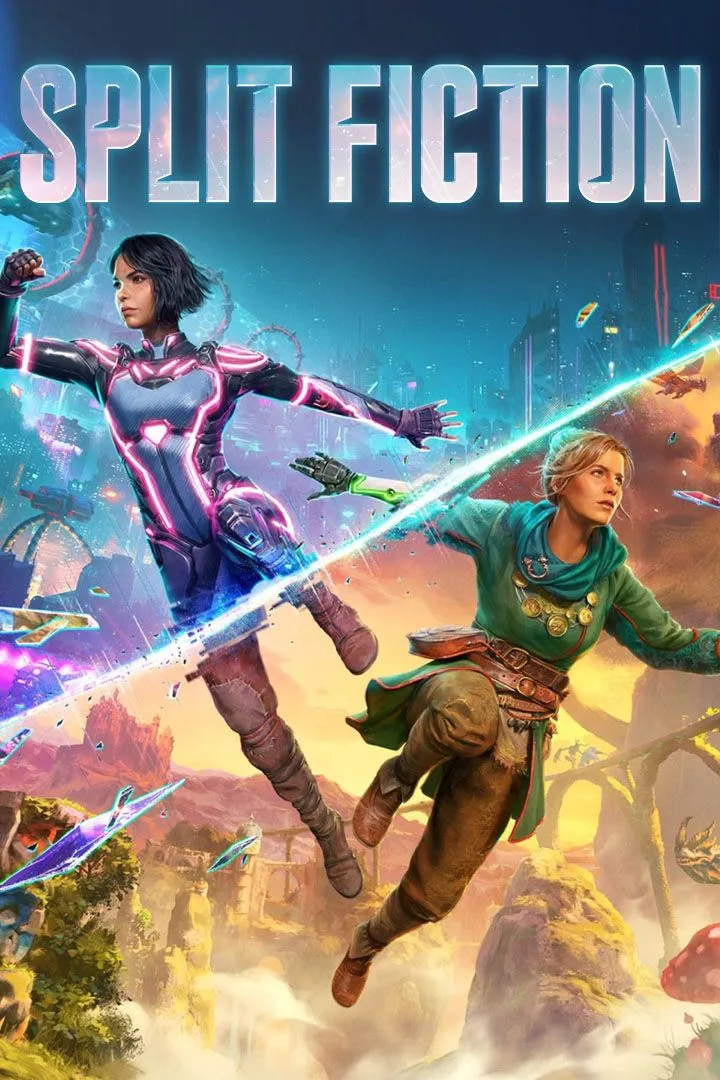 Ảnh bìa chính thức của game co-op Split Fiction, nổi bật với hai nhân vật chính và phong cách đồ họa độc đáo