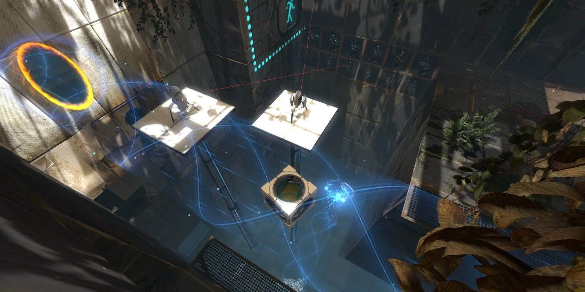 Các tháp pháo và ống vận chuyển trong khu vực thử nghiệm của game giải đố Portal 2