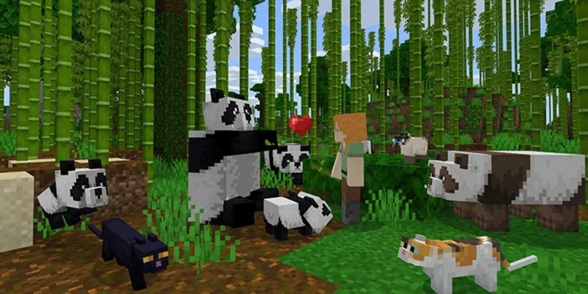 Cảnh trong game sandbox Minecraft với nhân vật treo mình cùng gấu trúc và mèo