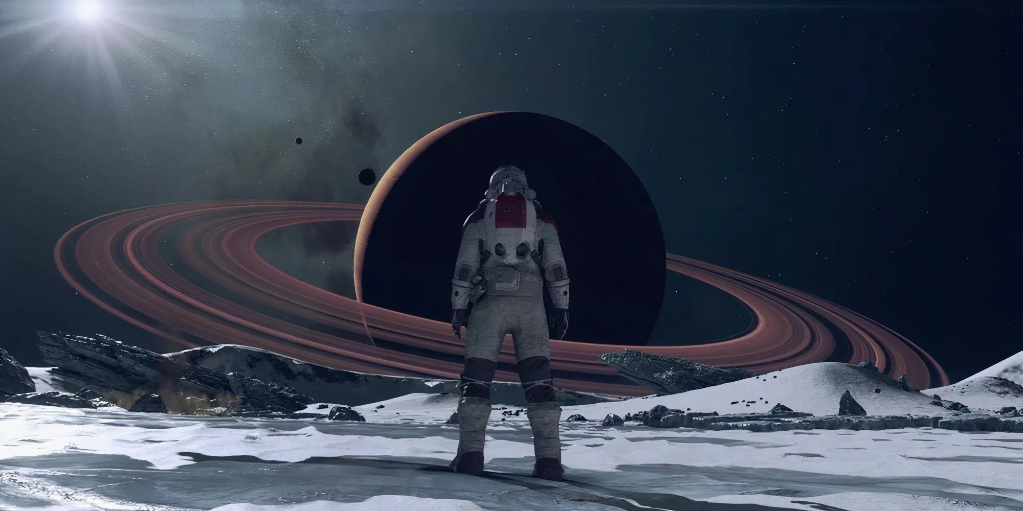 Cảnh từ game hành động nhập vai không gian Starfield với phi hành gia đứng trước Sao Thổ