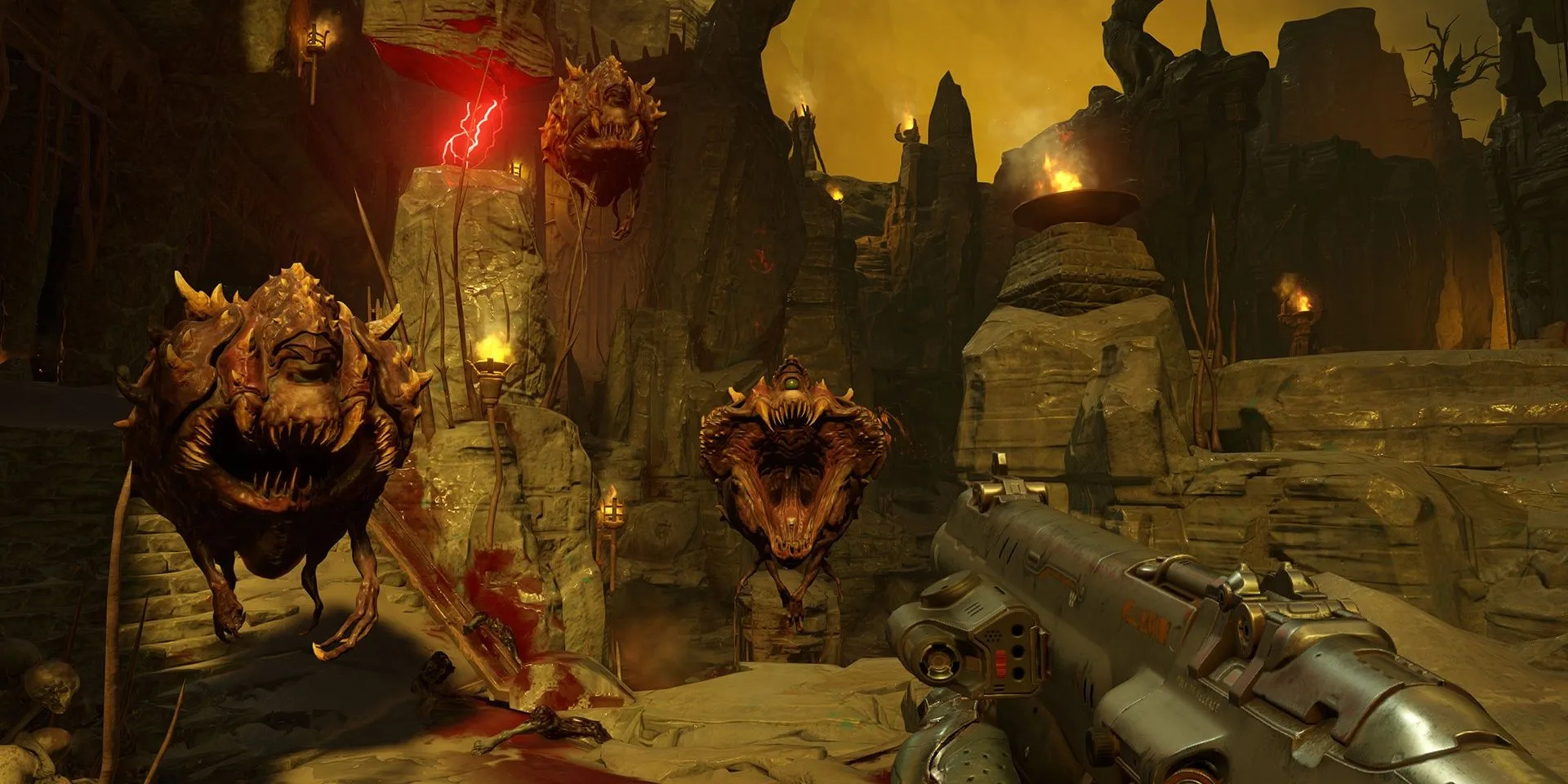 Doom Slayer đối đầu với nhiều Cacodemons trong game Doom 2016