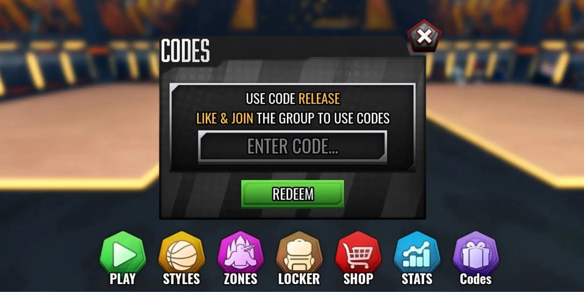 Giao diện nhập code trong game Basketball Zero trên Roblox