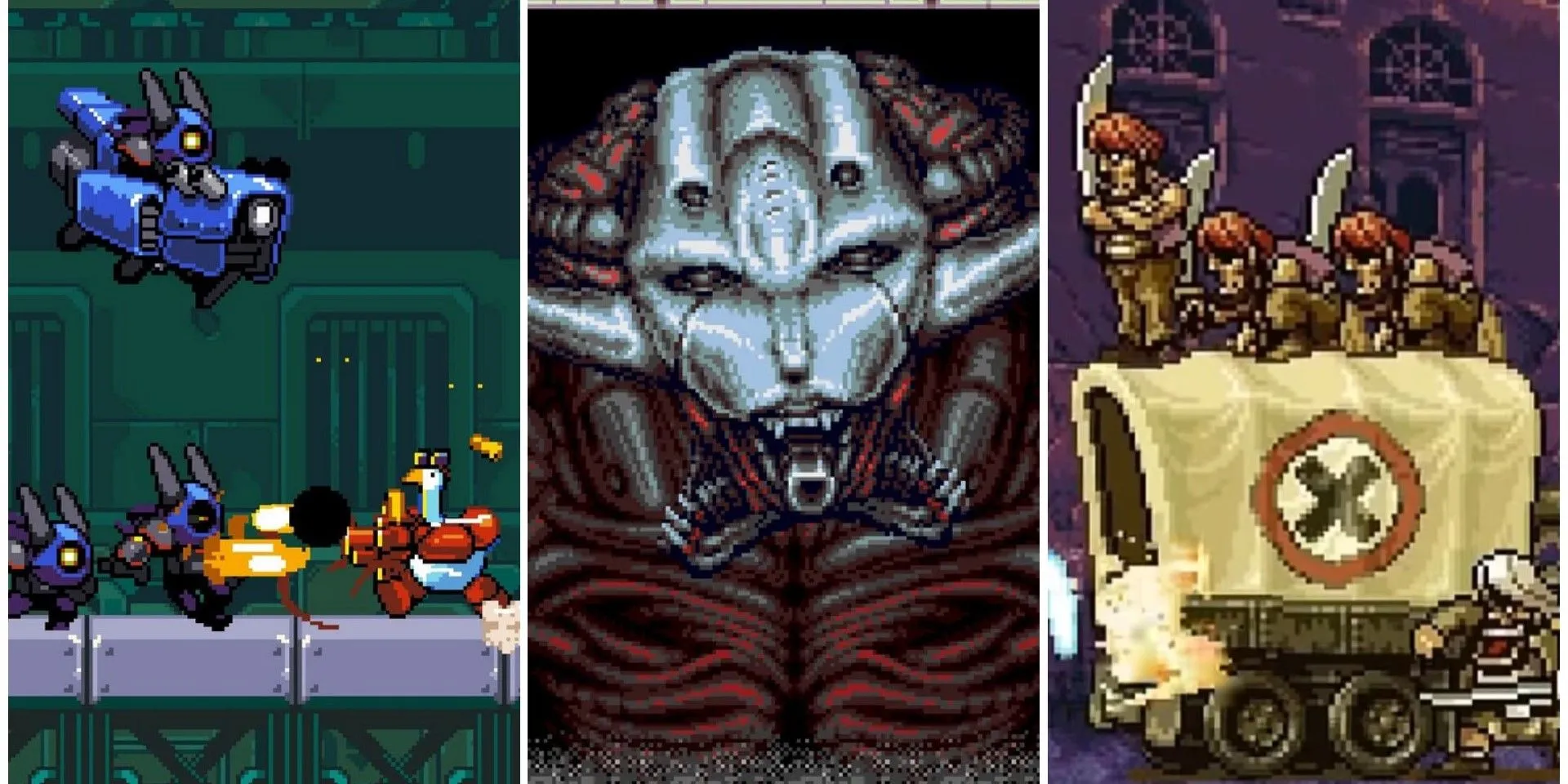 Hình ảnh các game hành động bắn súng cuộn cảnh (Run &amp; Gun) như Cuphead và Metal Slug