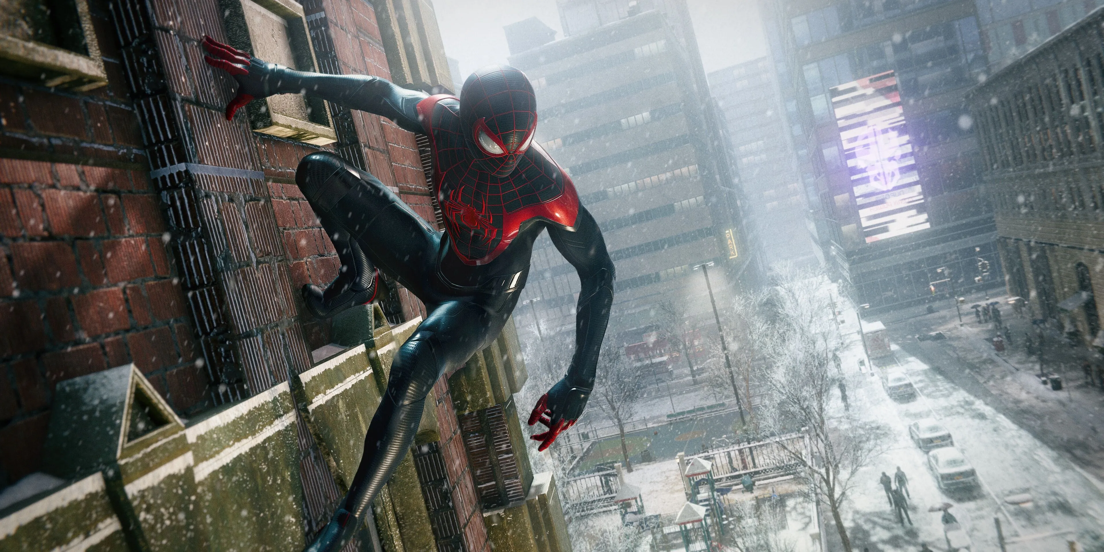 Miles Morales đứng trên tòa nhà cao tầng với cảnh thành phố New York phía sau trong game Spider-Man