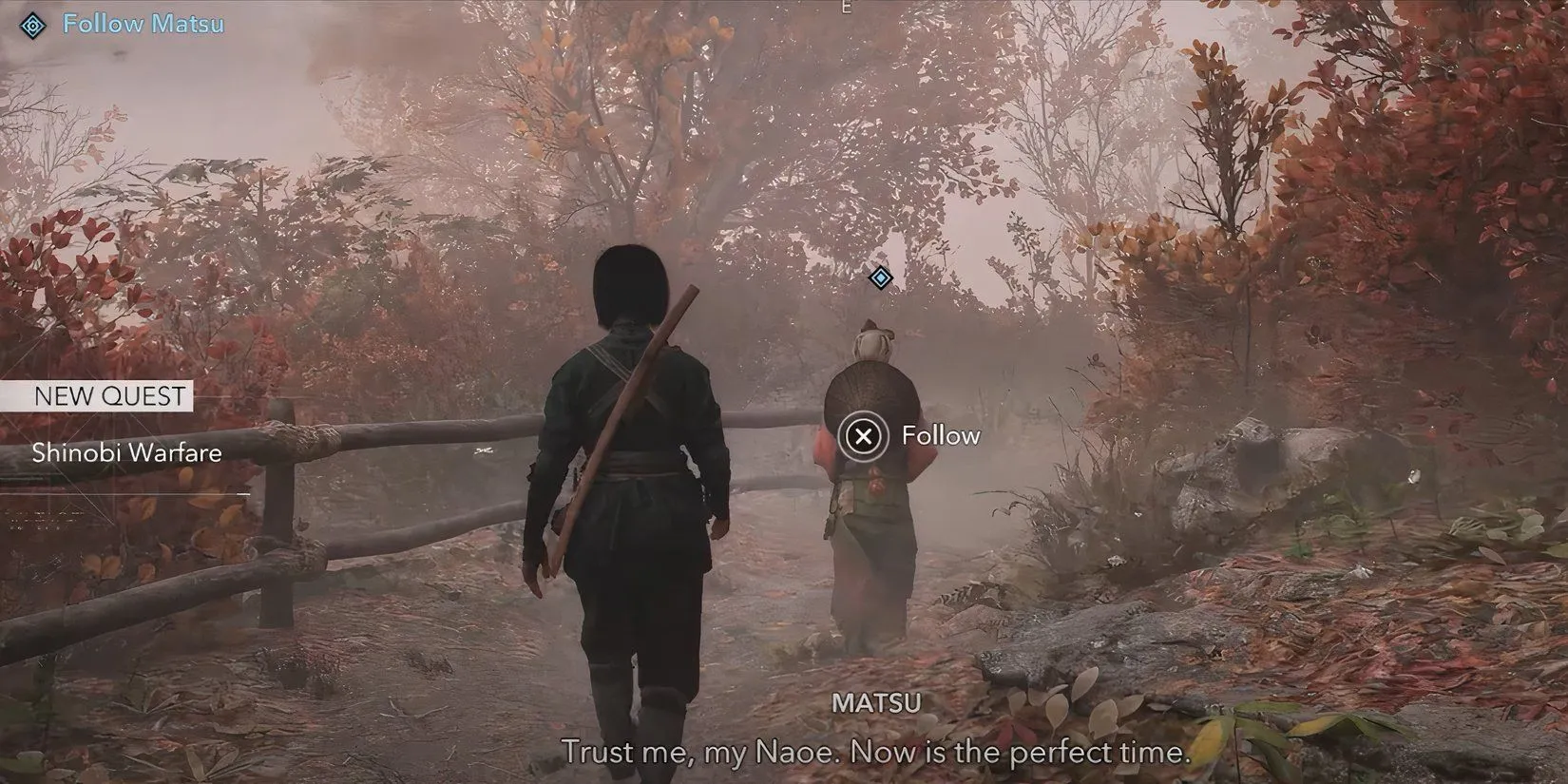 Naoe nói chuyện với dì Matsu trong chương Shinobi Warfare của AC Shadows