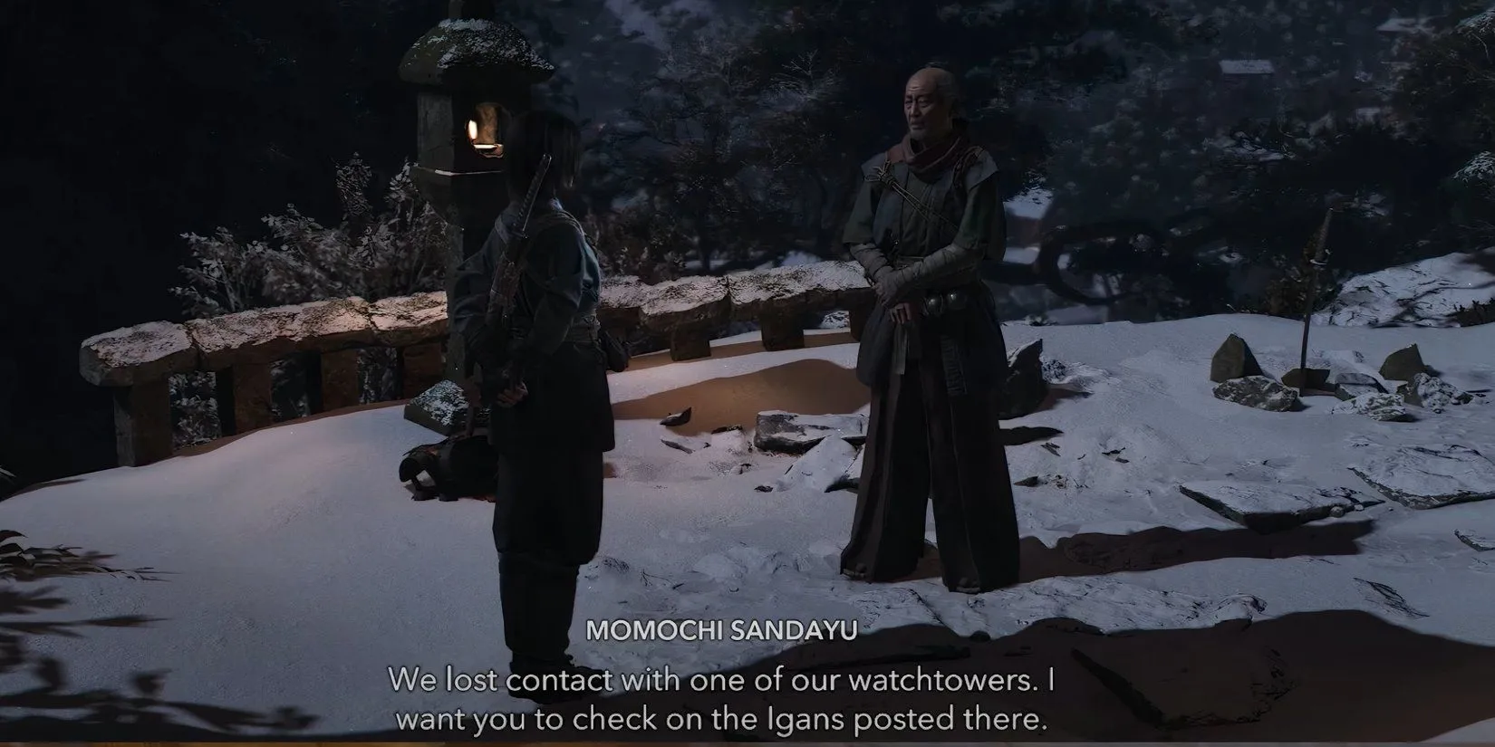 Naoe nói chuyện với Momochi ở đầu chương A True Igan trong Assassin's Creed Shadows