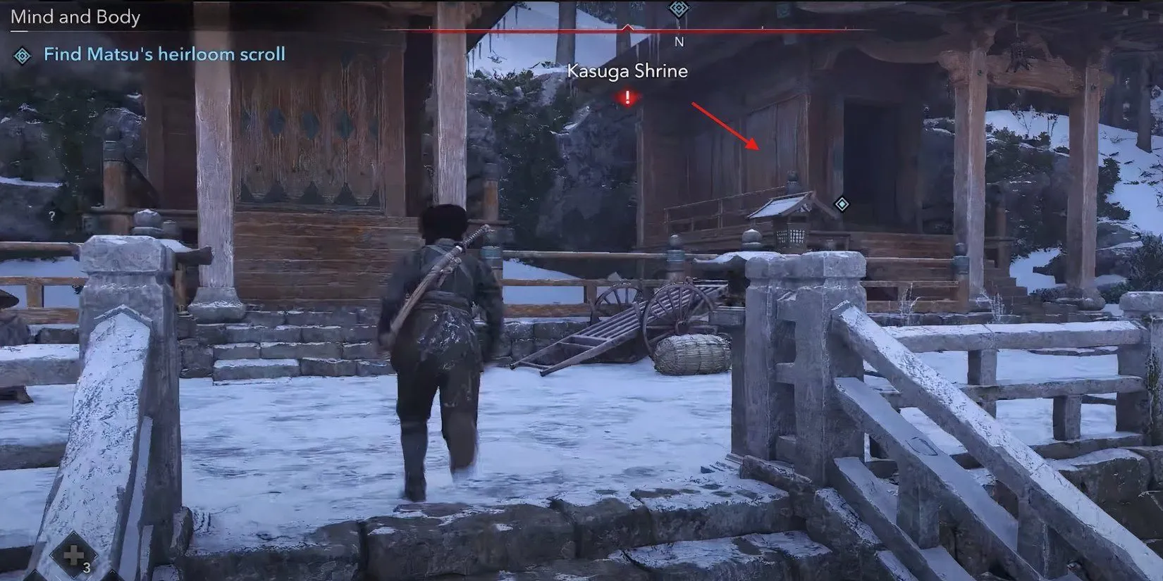 Naoe tìm kiếm cuộn giấy ẩn gần ngôi chùa trong nhiệm vụ Mind and Body của Assassin's Creed Shadows