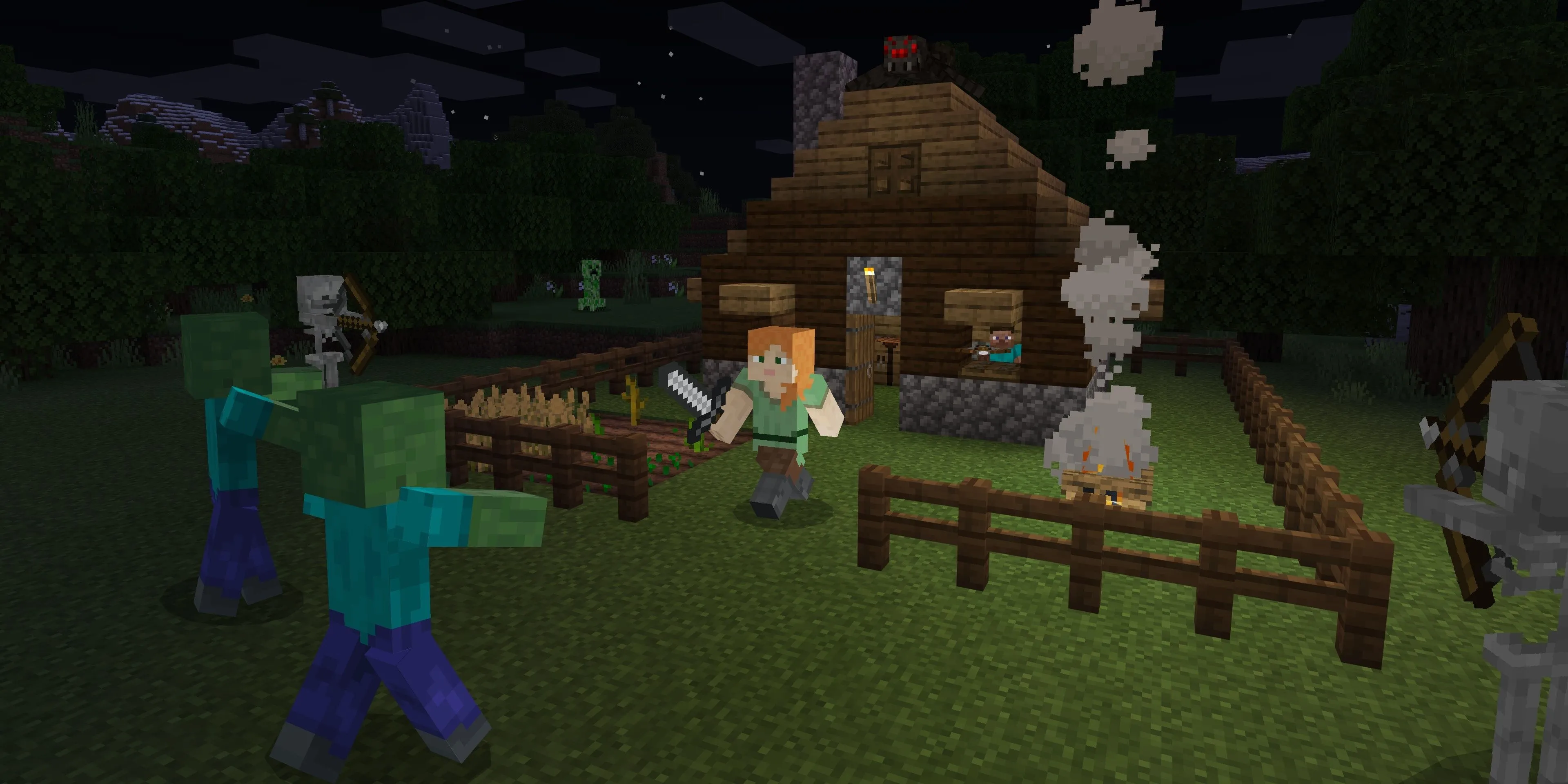 Nhân vật Alex đối mặt với quái vật trong game Minecraft, ví dụ về game sandbox sáng tạo