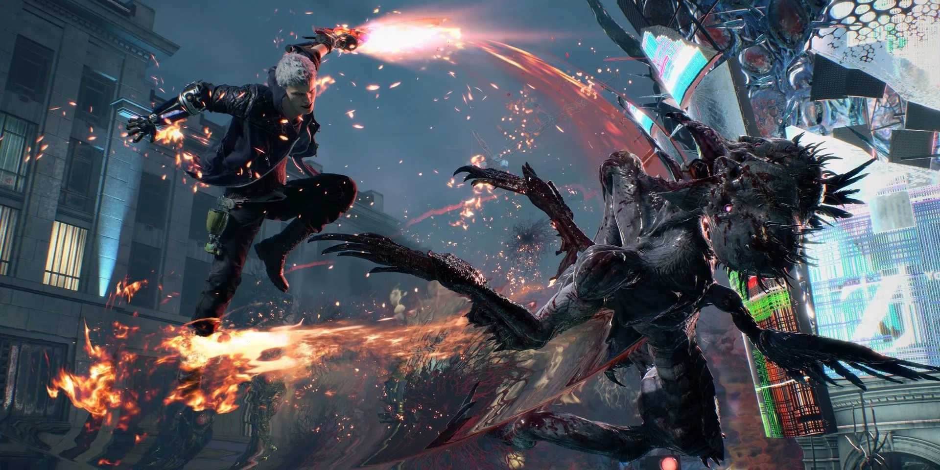 Nhân vật Nero chặt chém quái vật Empusa bằng thanh kiếm Red Queen trong Devil May Cry 5