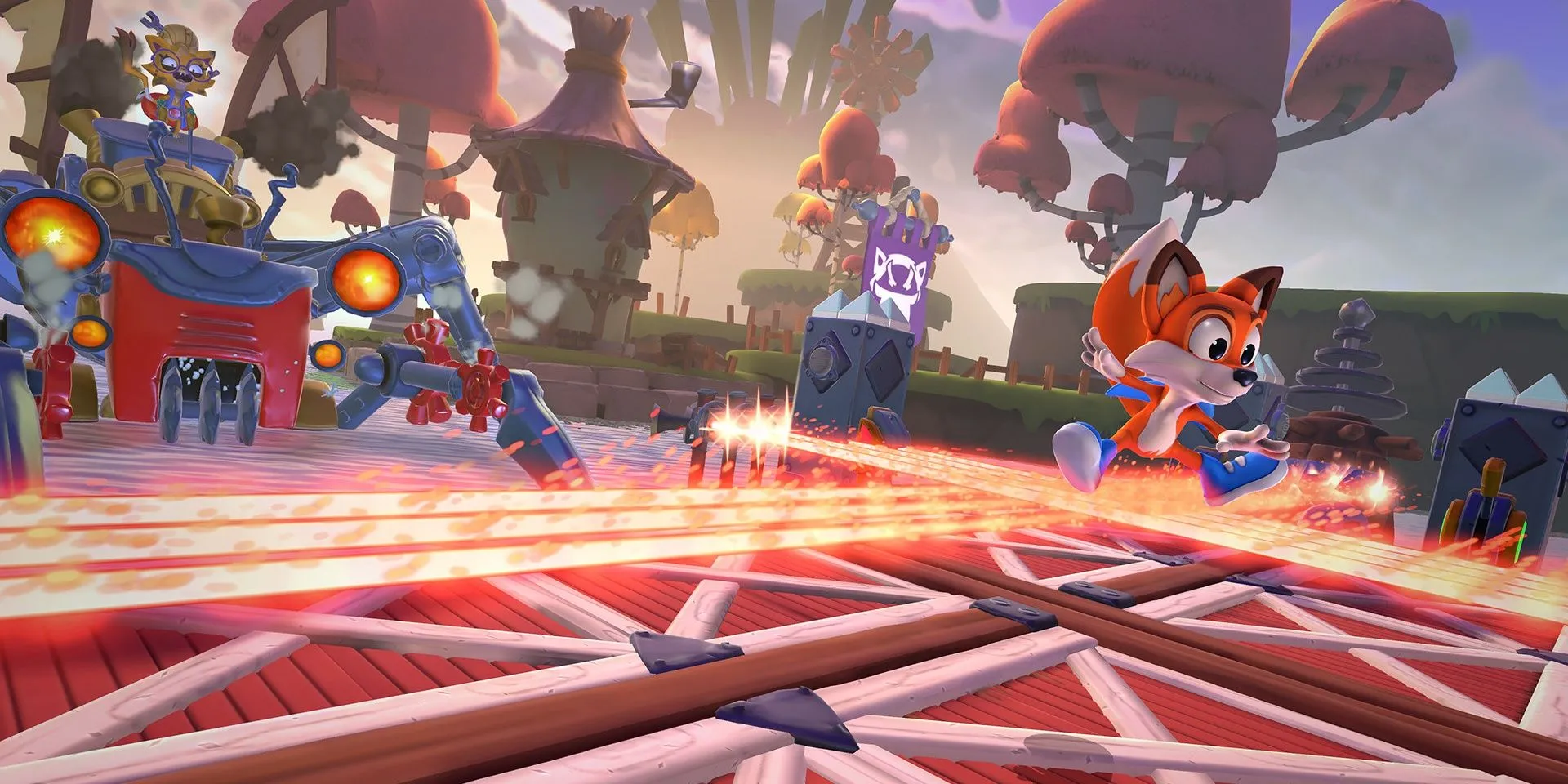 Nhân vật nhảy qua tia laser trong game New Super Lucky, minh họa game platformer 3D