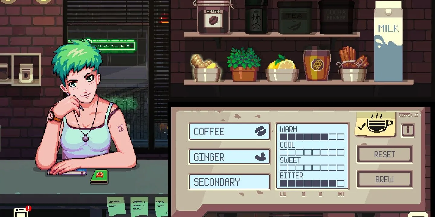 Nhân vật pha chế đồ uống cho Freya trong game Coffee Talk, ví dụ về game visual novel