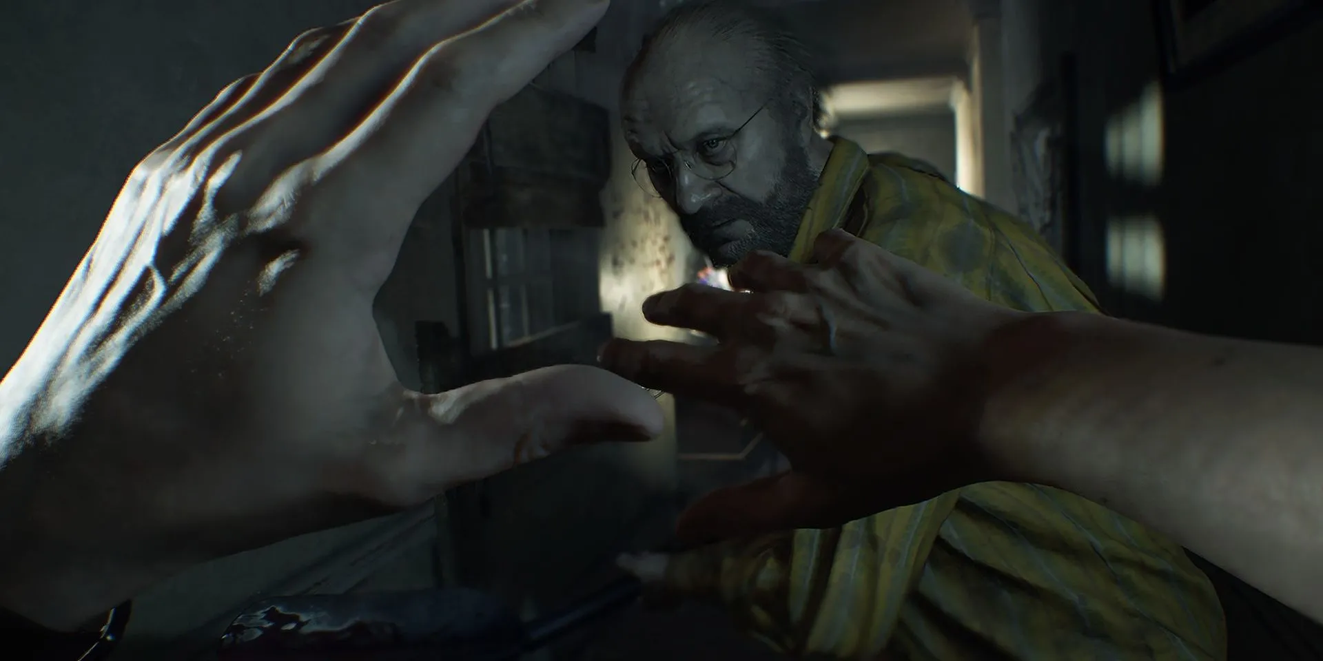Nhân vật phản diện Jack Baker tấn công người chơi trong game kinh dị Resident Evil 7