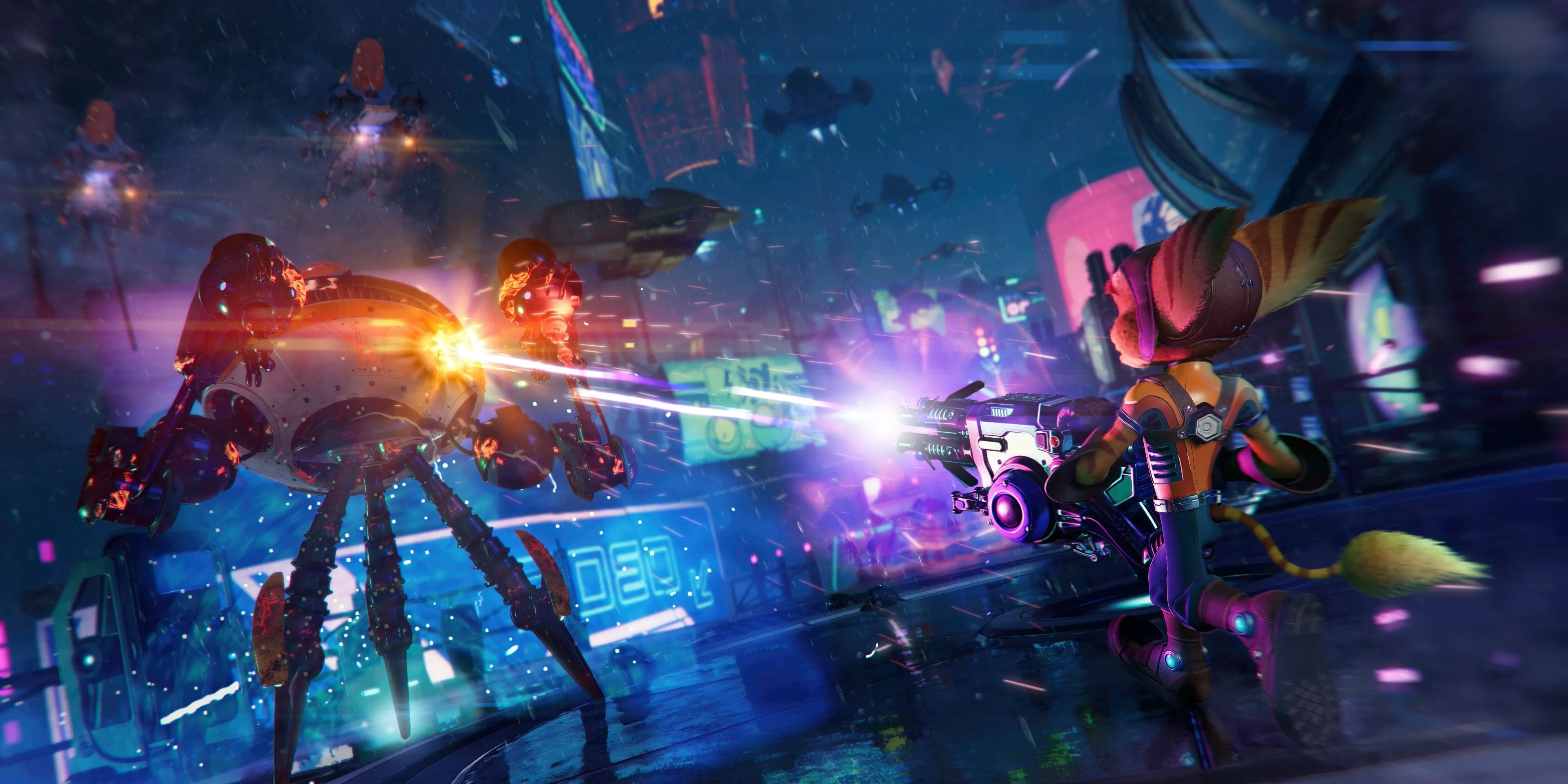 Nhân vật Ratchet bắn robot bằng vũ khí trong game Ratchet &amp; Clank: Rift Apart trên PS5