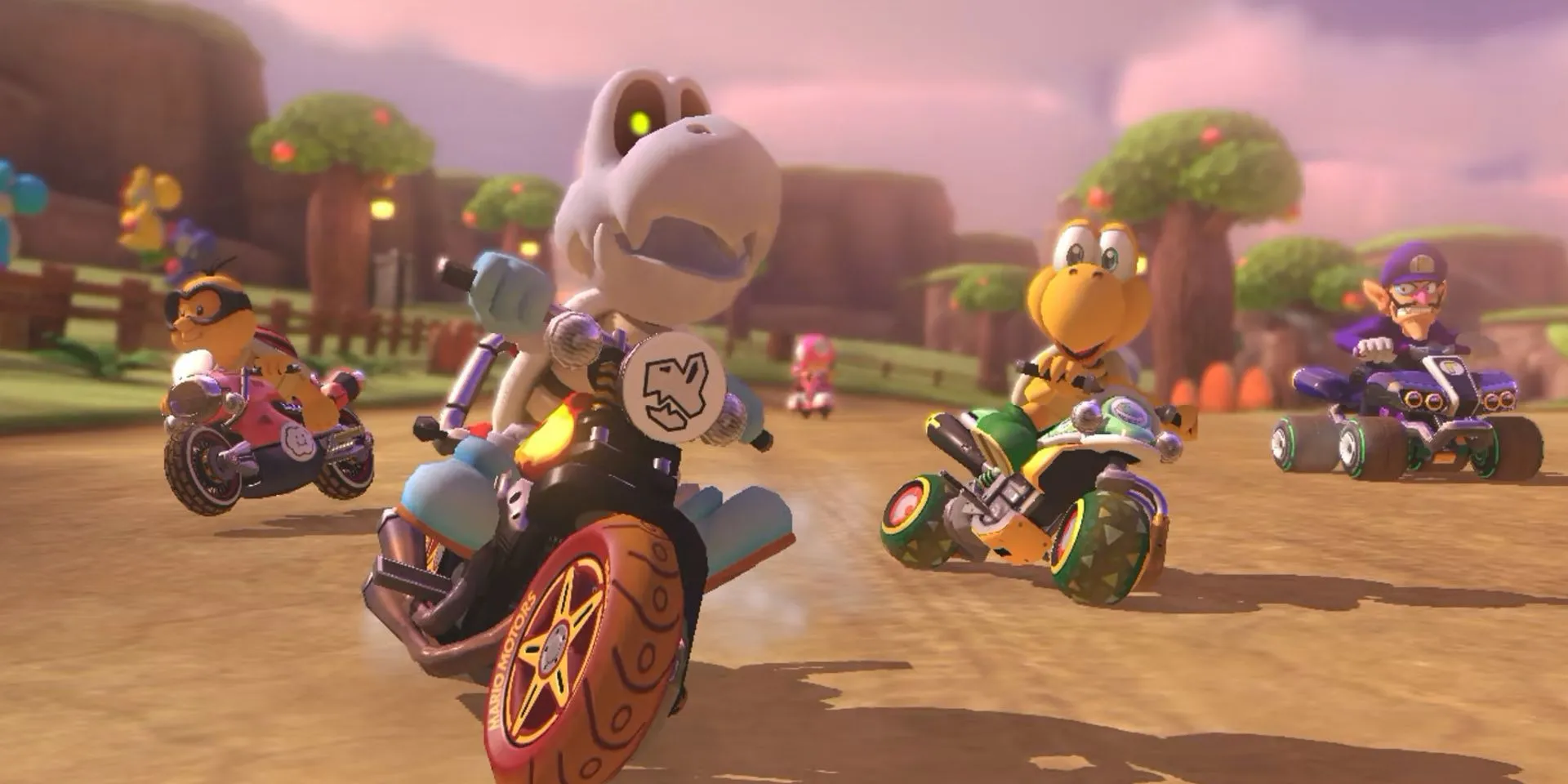Nhiều tay đua trong game Mario Kart 8 Deluxe trên đường đua, ví dụ về game đua xe Kart vui nhộn