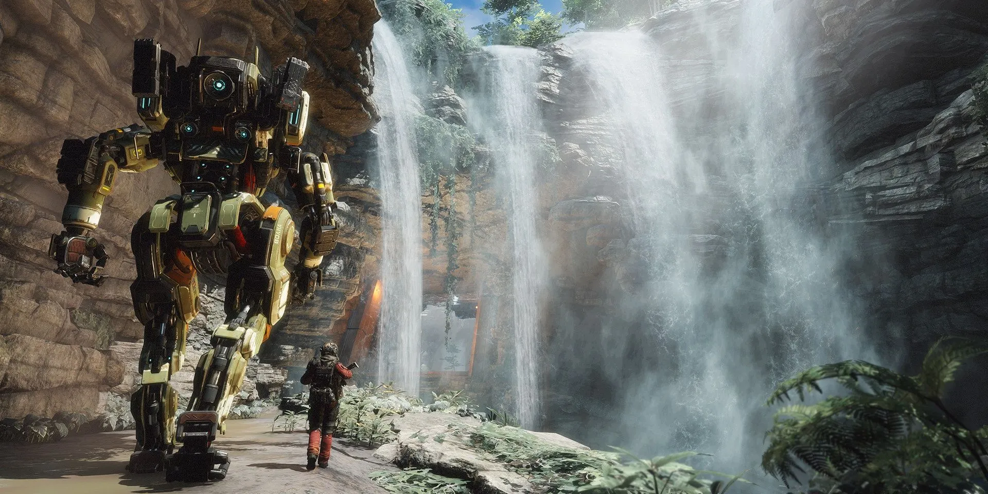 Pilot đi bộ cạnh thác nước cùng người máy BT trong chiến dịch Titanfall 2