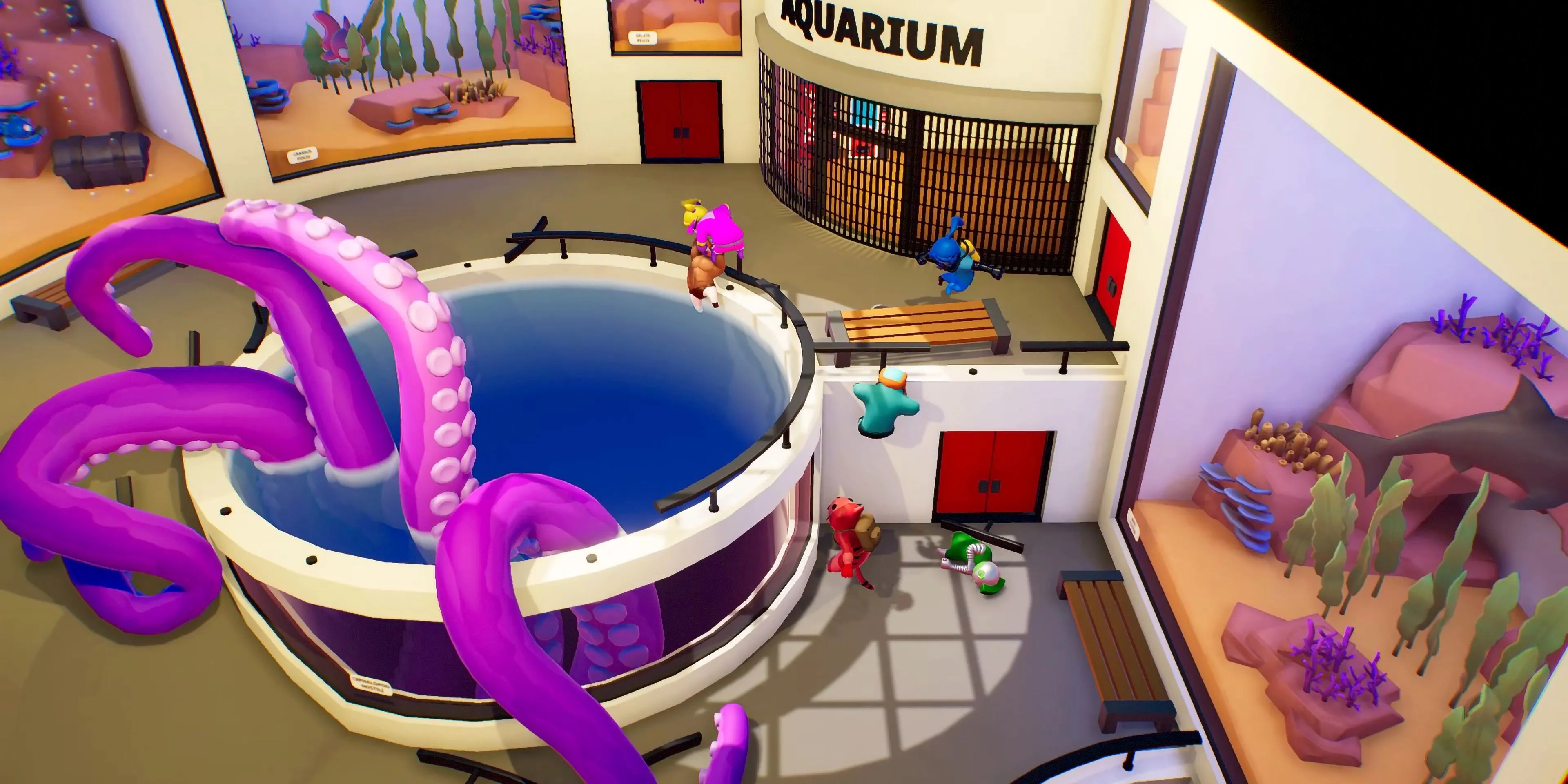 Sân khấu bể cá trong game Gang Beasts, minh họa một party game vui nhộn