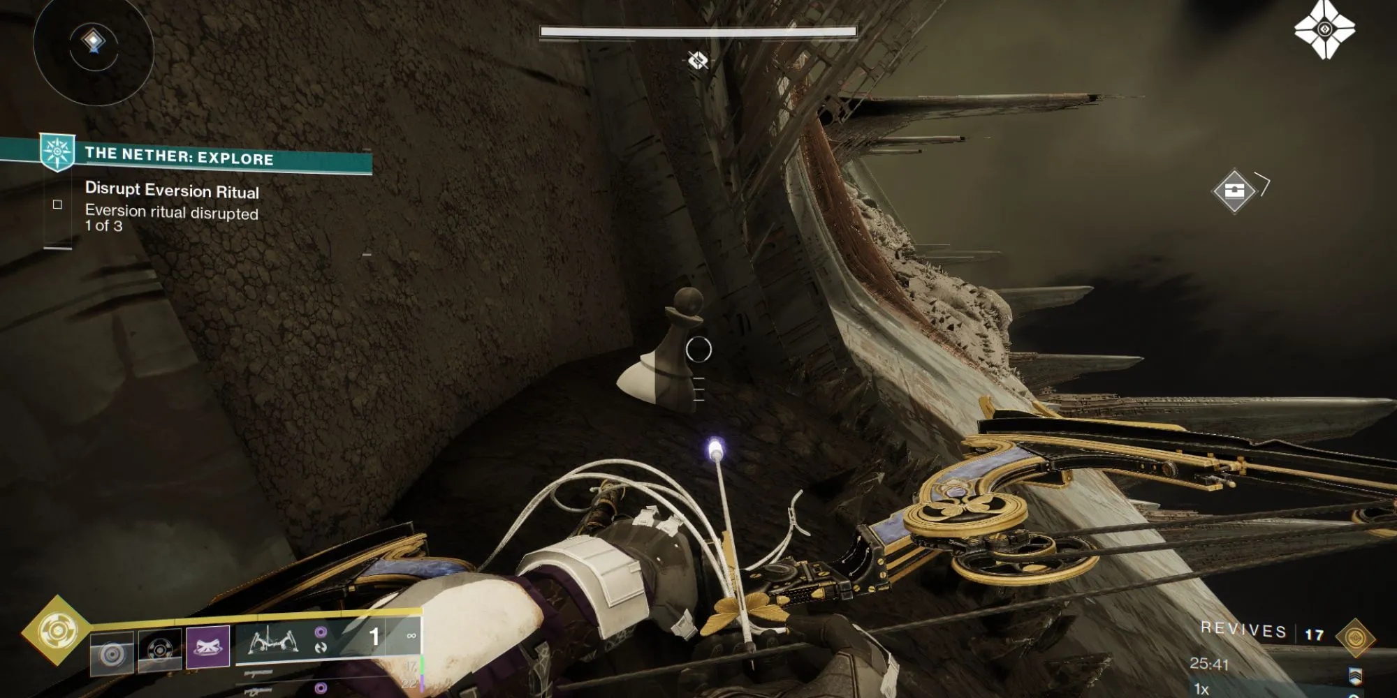 Vị trí quân cờ bí ẩn Destiny 2 dưới gờ đá dài ở Trenchway The Nether, nơi có brazier boss.