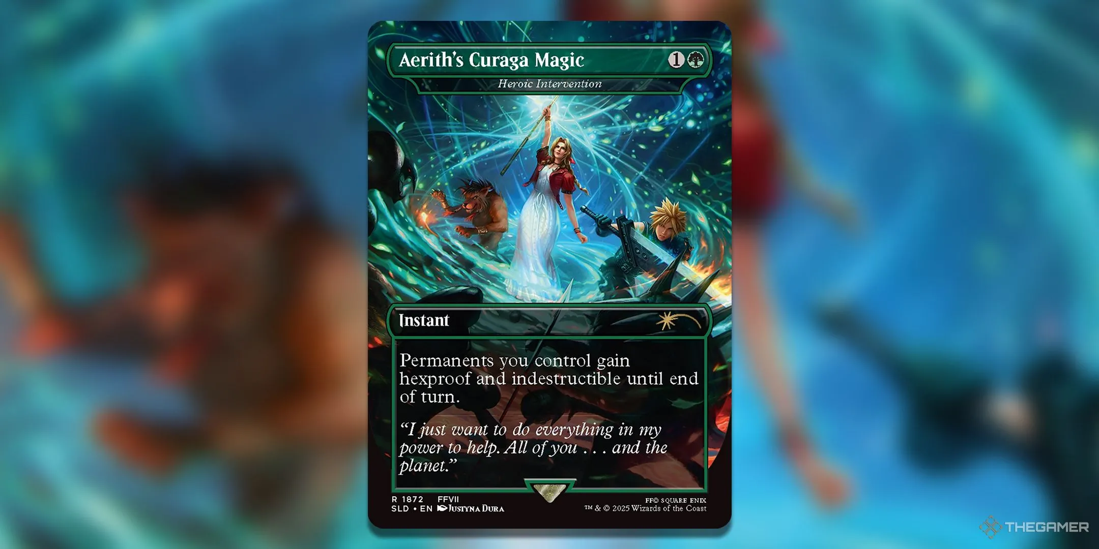 Artwork full-art thẻ bài Aerith's Curaga Magic trong MTG Final Fantasy, Aerith hồi máu cho Cloud và Red XIII