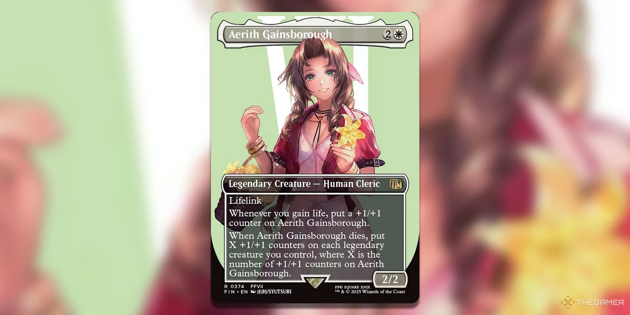 Artwork thẻ bài Aerith Gainsborough Borderless Foil trong bộ MTG Final Fantasy, vẽ bởi SYUTSURI