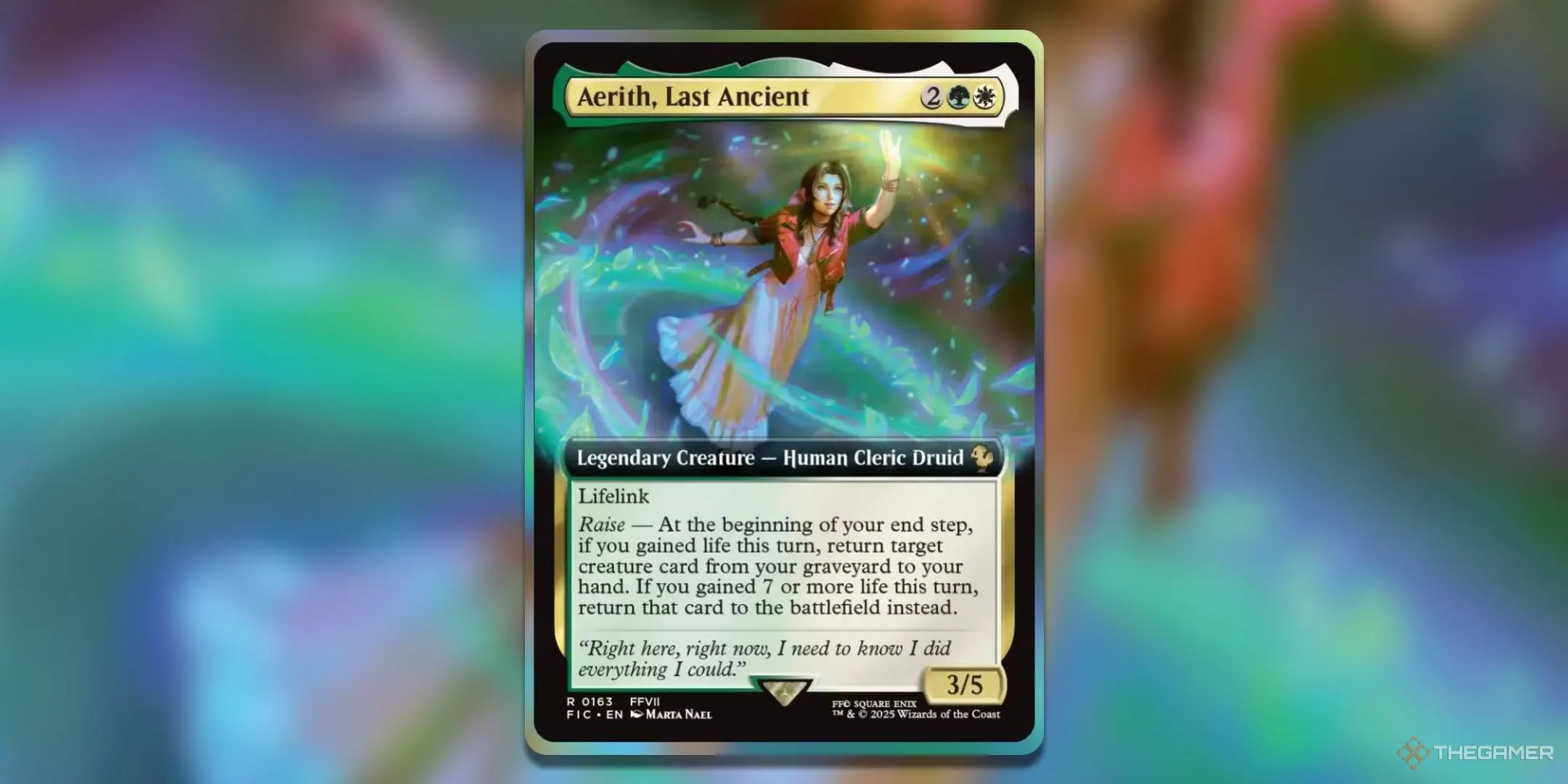 Artwork thẻ bài Aerith, Last Ancient trong MTG Final Fantasy, miêu tả Aerith với ánh sáng huyền ảo