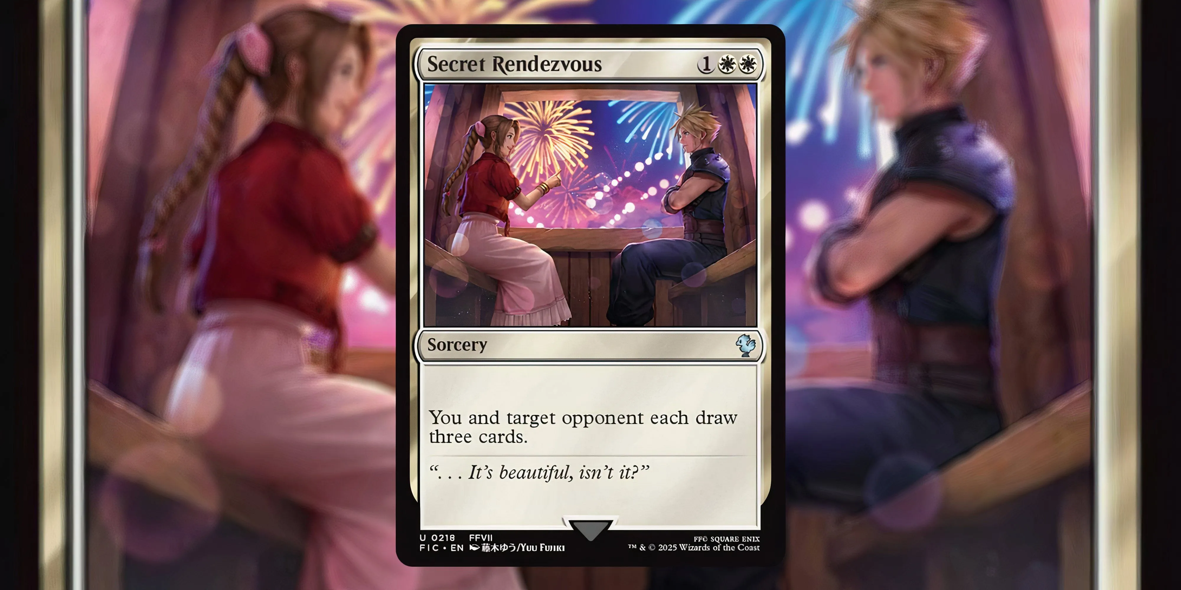 Artwork thẻ bài Secret Rendezvous phiên bản Aerith tại Gold Saucer trong bộ MTG Final Fantasy, vẽ bởi Yuu Fujiki