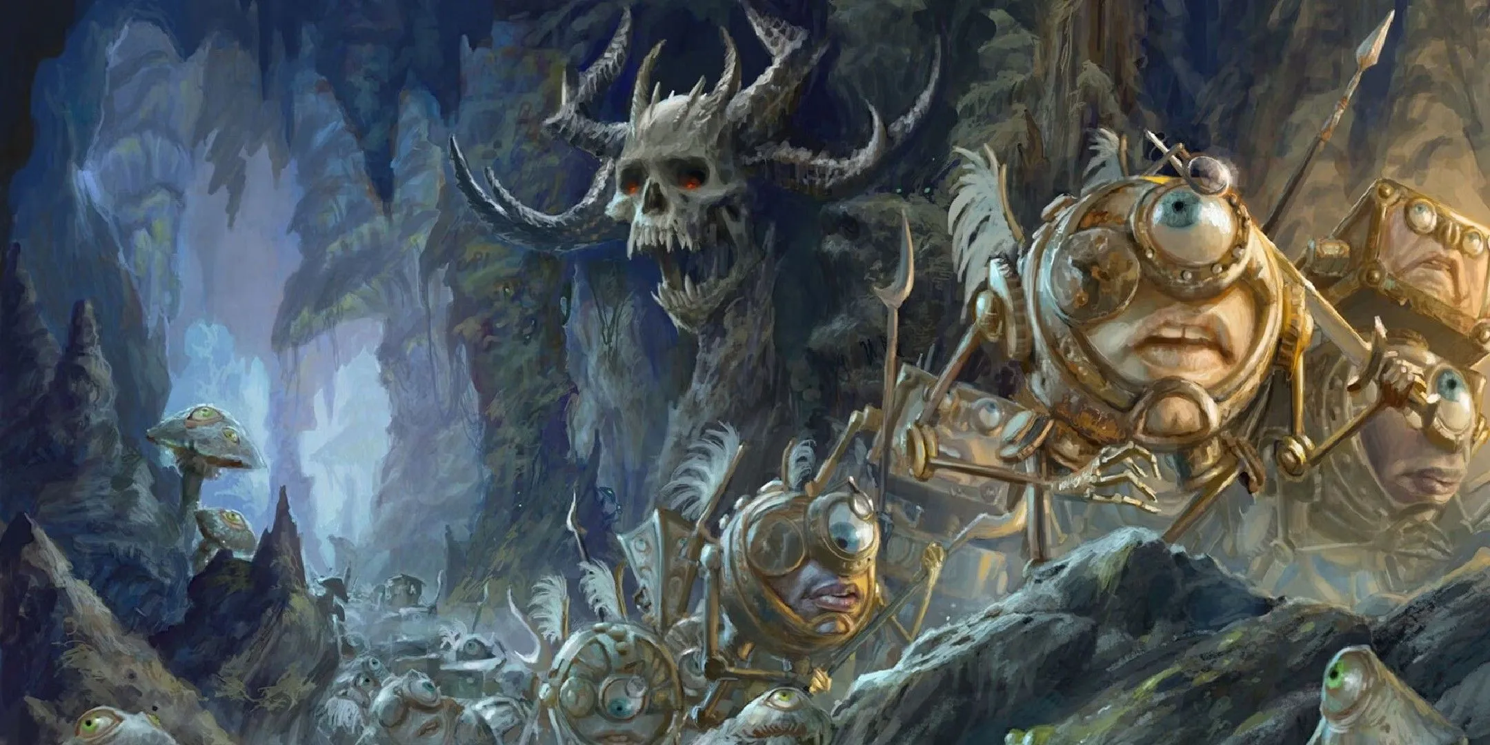 Hình ảnh Dungeons &amp; Dragons cho thấy nhiều modron diễu hành thành hàng trong một hang động khi một hộp sọ khổng lồ theo dõi.