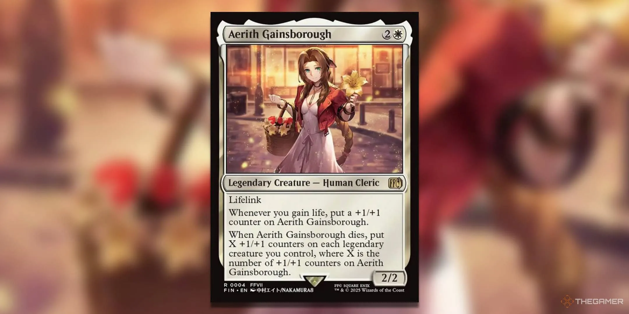 Thẻ bài Aerith Gainsborough bản gốc trong MTG Final Fantasy, với bối cảnh đường phố Midgar, vẽ bởi NAKAMURAB