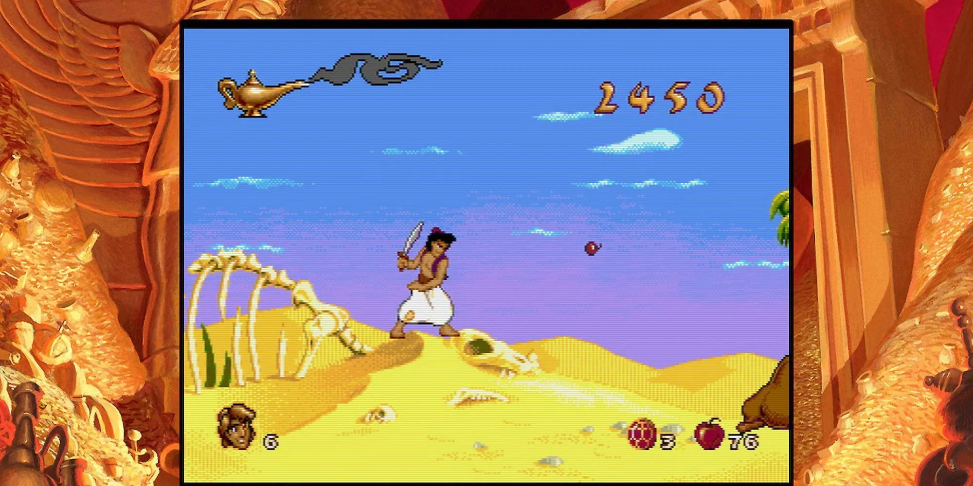 Aladdin đang cầm kiếm và ném táo trong game Disney's Aladdin phiên bản Sega Genesis, thể hiện hành động nhịp độ nhanh và đồ họa hoạt hình mượt mà đặc trưng.
