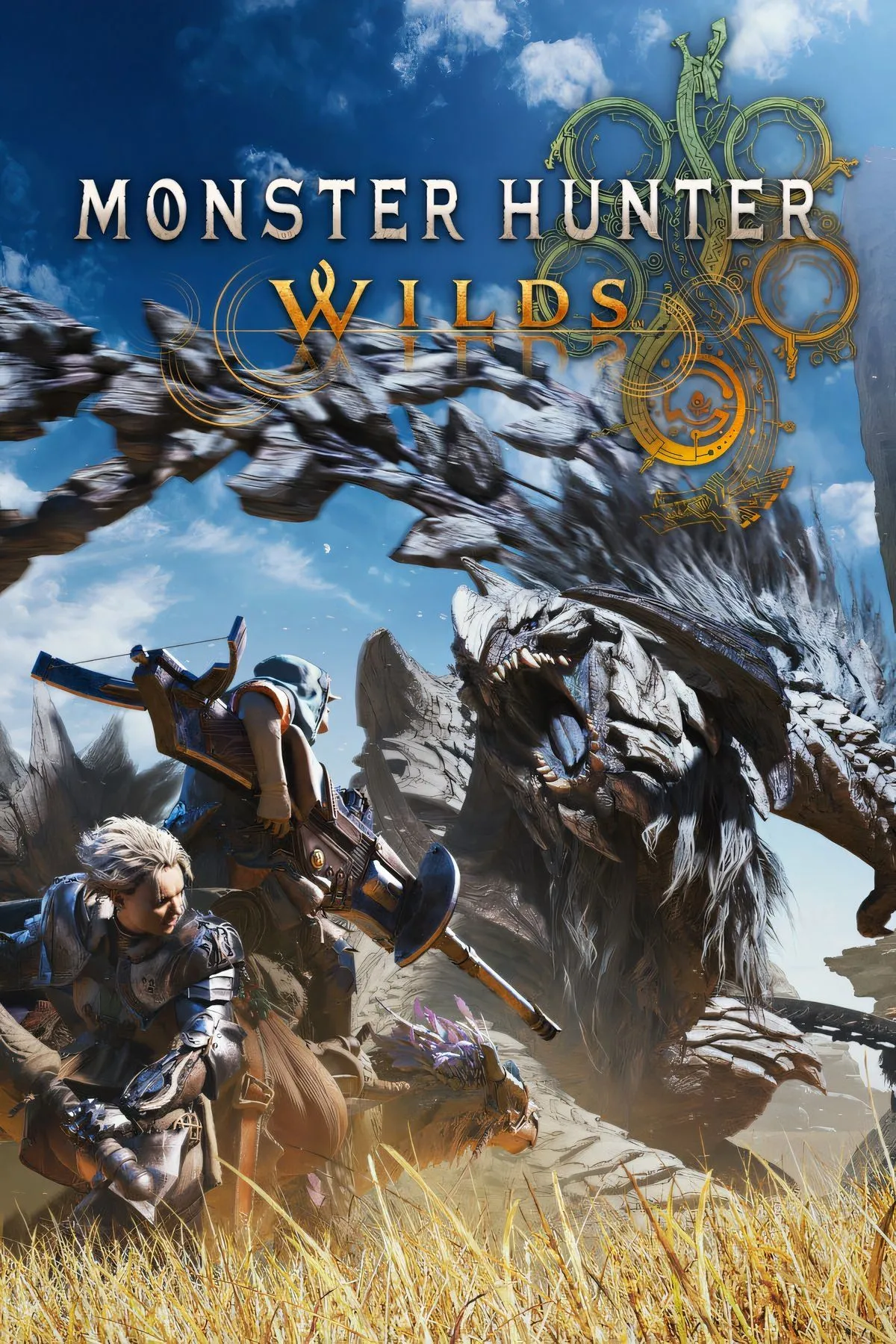 Ảnh bìa chính thức của game Monster Hunter Wilds sắp ra mắt với một con quái vật khổng lồ và bối cảnh sa mạc hoang dã