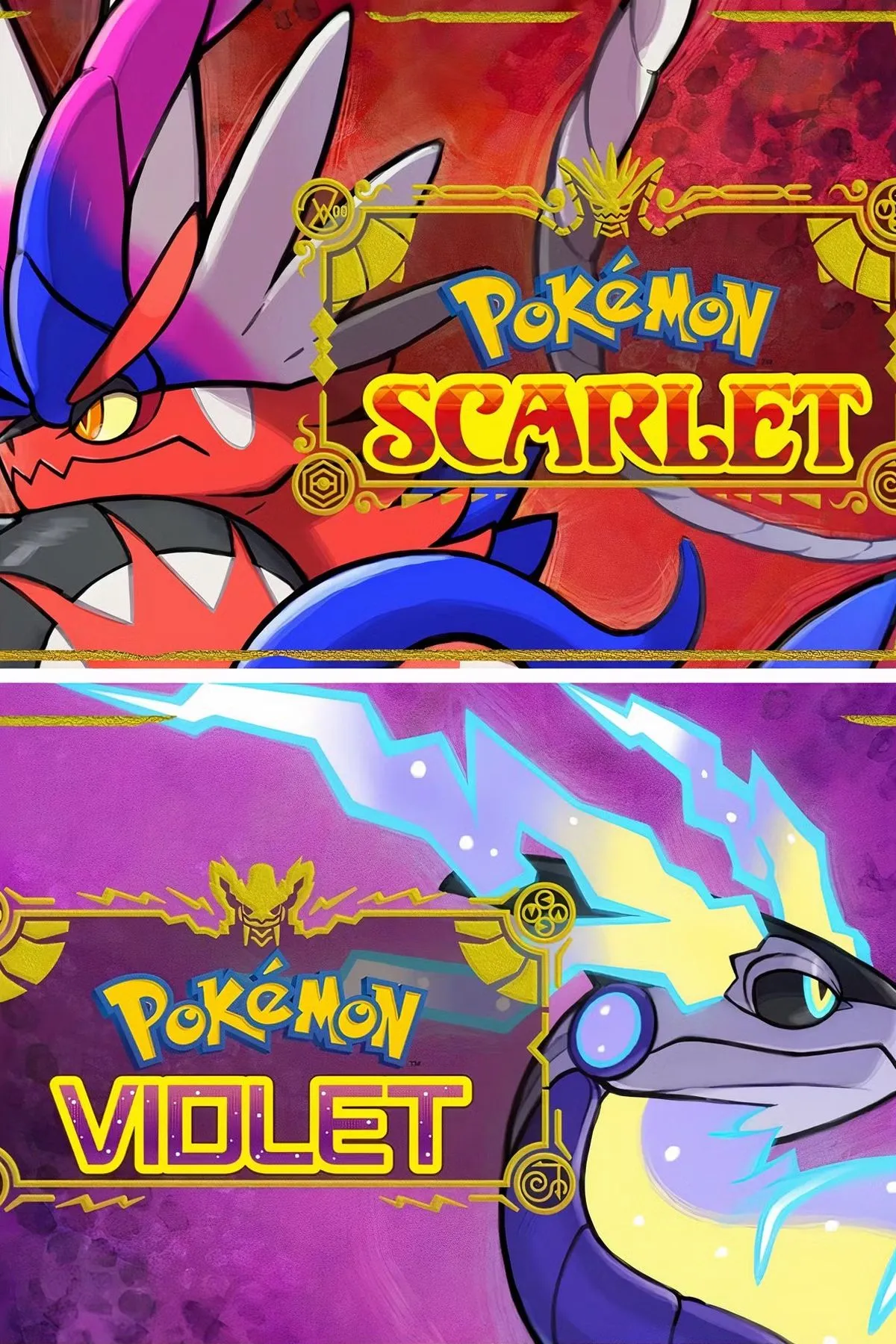 Ảnh bìa game Pokemon Scarlet và Violet hiển thị hai Pokemon huyền thoại và các nhân vật chính khám phá thế giới mở