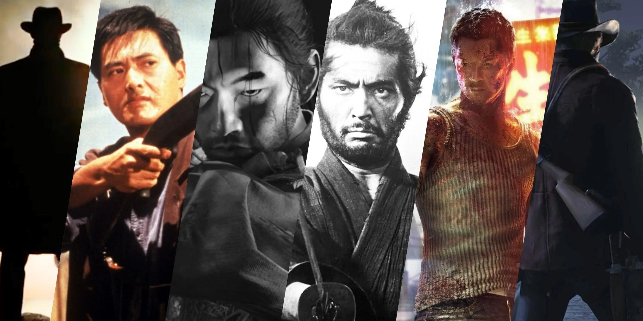 Ảnh minh họa các cảnh game và phim tương đồng, bao gồm Red Dead Redemption 2, Ghost of Tsushima và các bộ phim kinh điển như Seven Samurai.