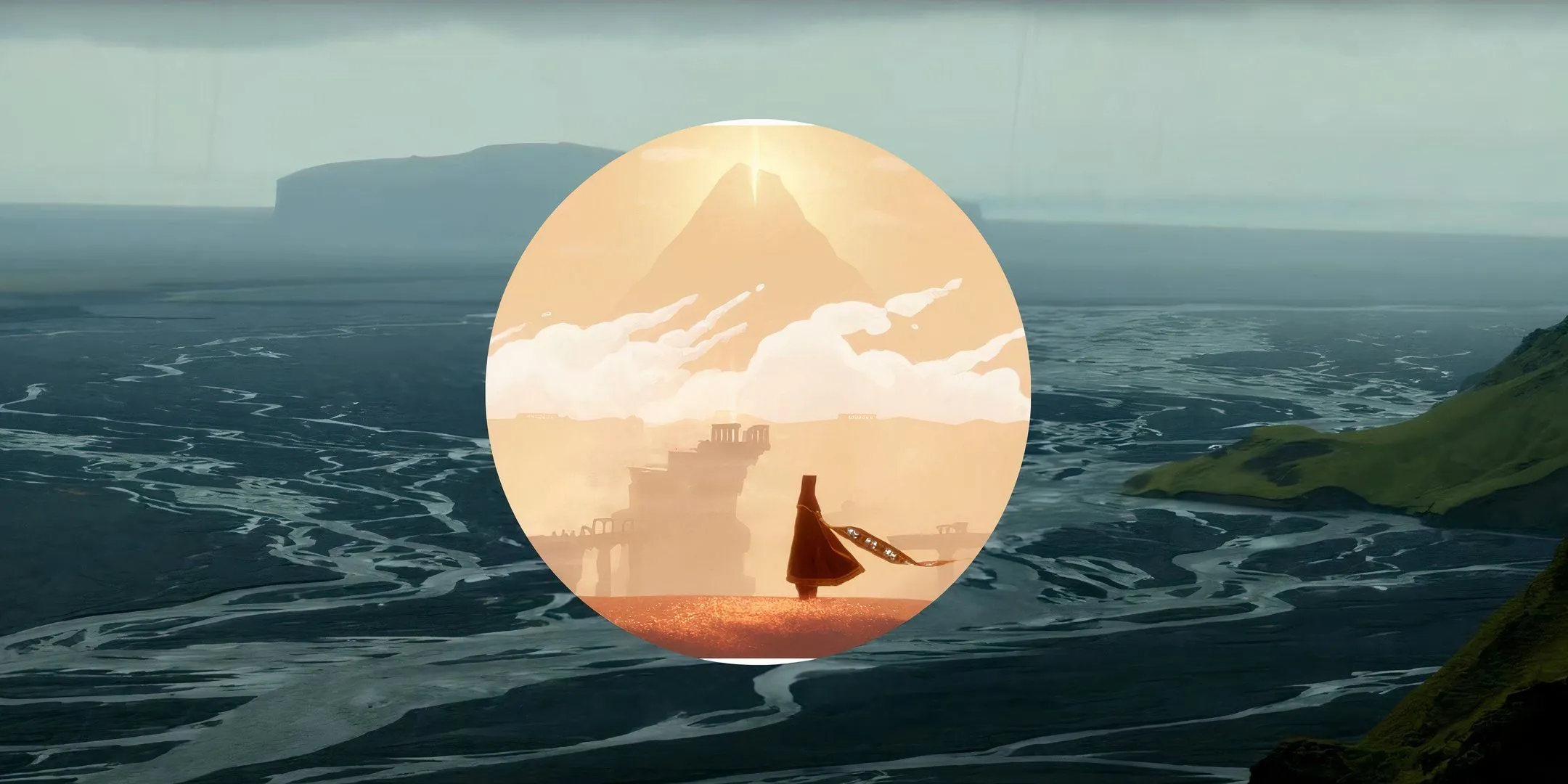 Ảnh minh họa sự tương phản giữa game Journey (phiêu lưu độc lập) và Death Stranding (Strand game)
