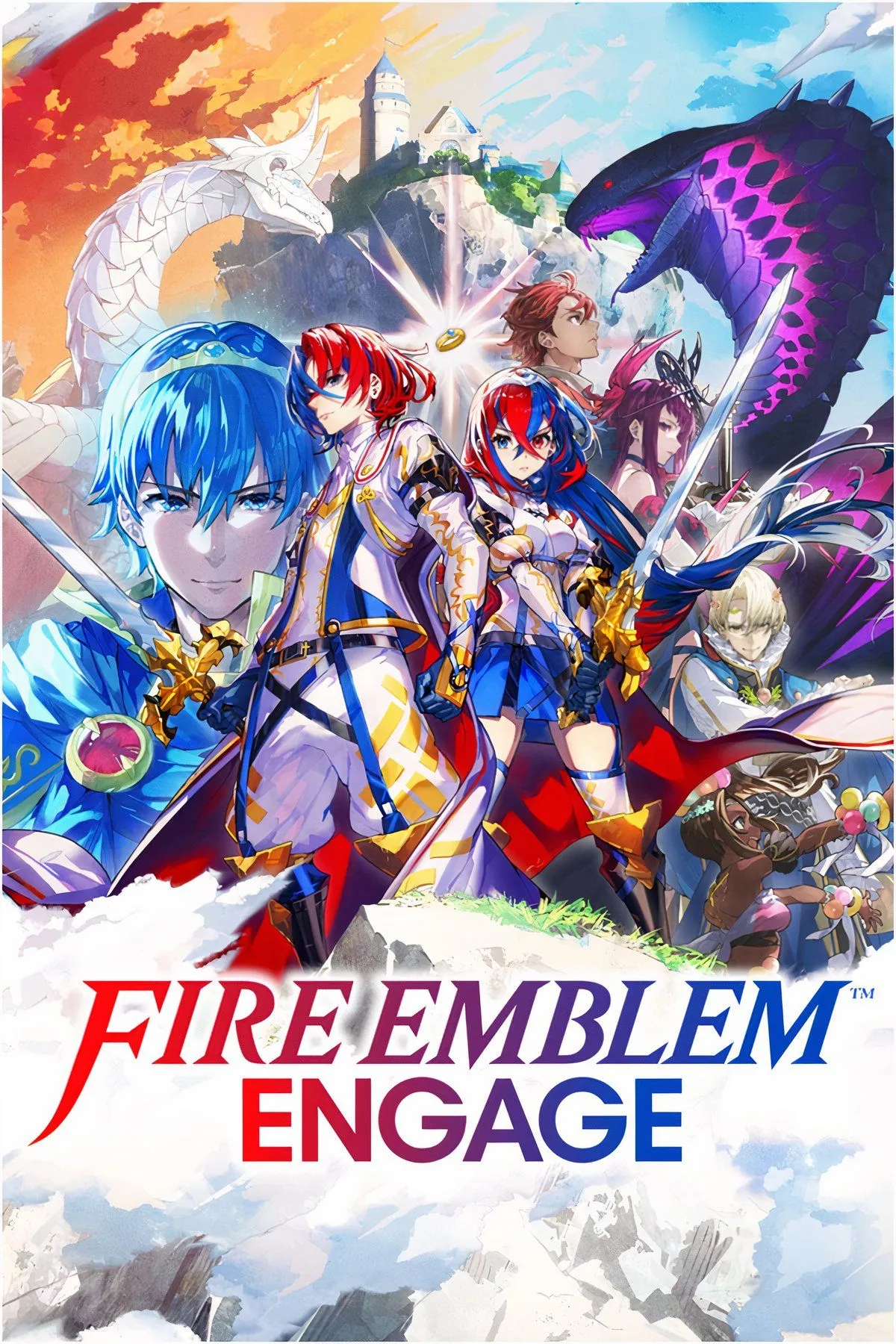 Ảnh tổng hợp artwork và screenshot từ game Fire Emblem Engage, thể hiện các nhân vật trong trận chiến theo lượt trên bản đồ ô vuông