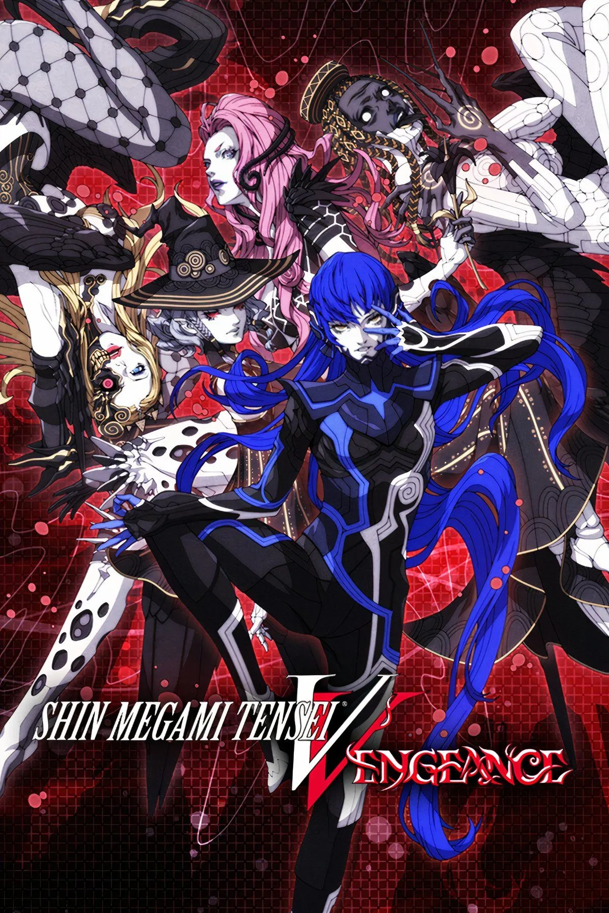 Ảnh tổng hợp artwork và screenshot từ Shin Megami Tensei V Vengeance, nổi bật là nhân vật chính và các loại quỷ
