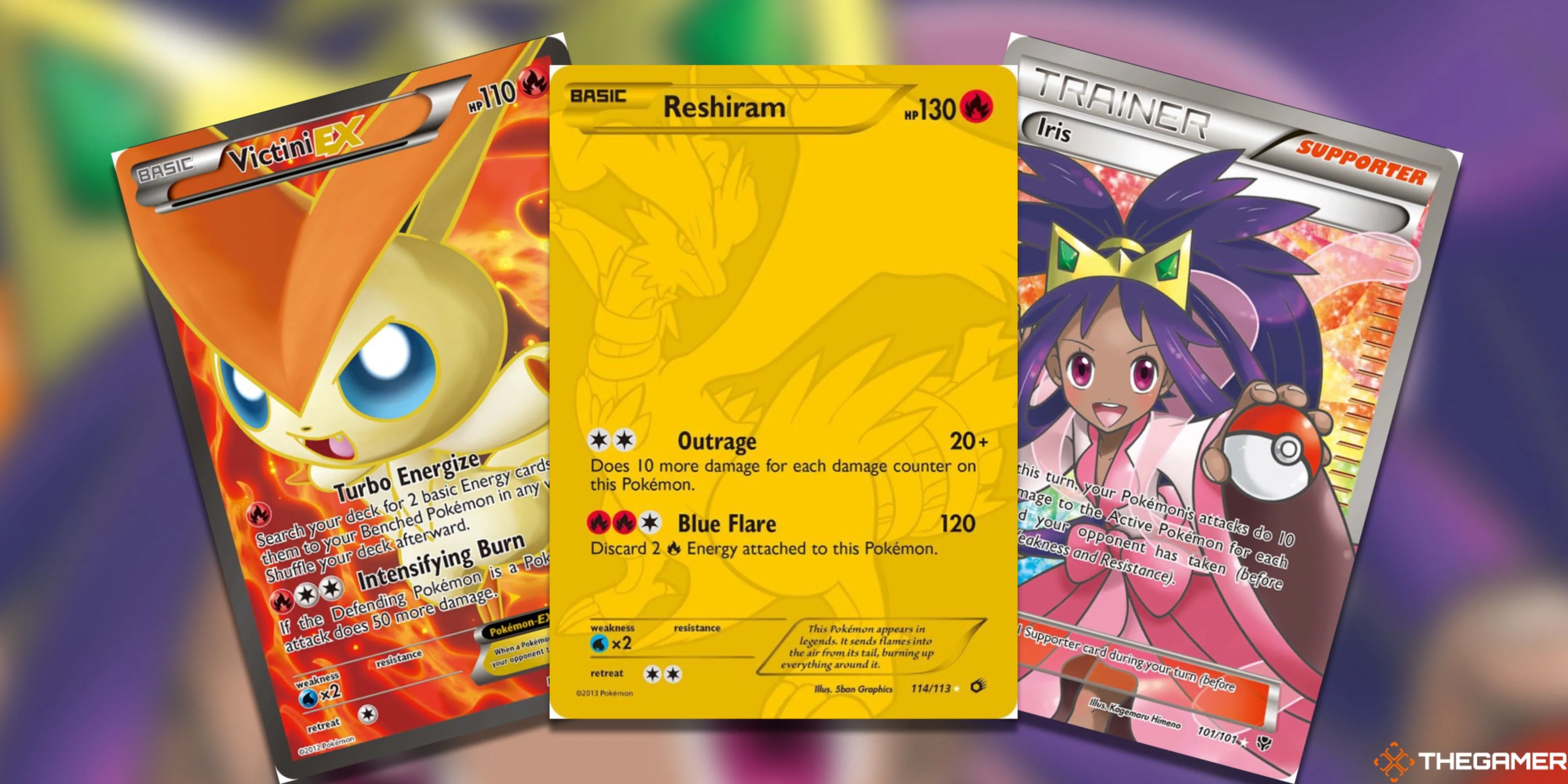 Ba thẻ bài Pokemon TCG đáng giá từ vùng Unova: Victini EX, Reshiram và Iris, đại diện cho những giá trị cốt lõi của dòng game Pokemon.