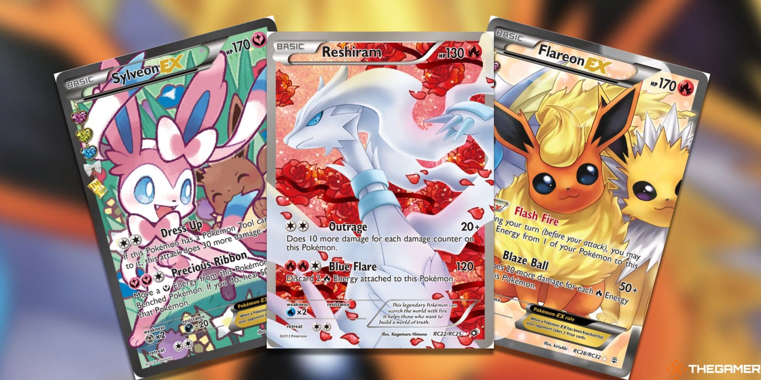 Ba thẻ bài từ Radiant Collection: Sylveon EX, Reshiram và Flareon EX, những thẻ bài Pokemon TCG được săn lùng bởi vẻ đẹp và giá trị.