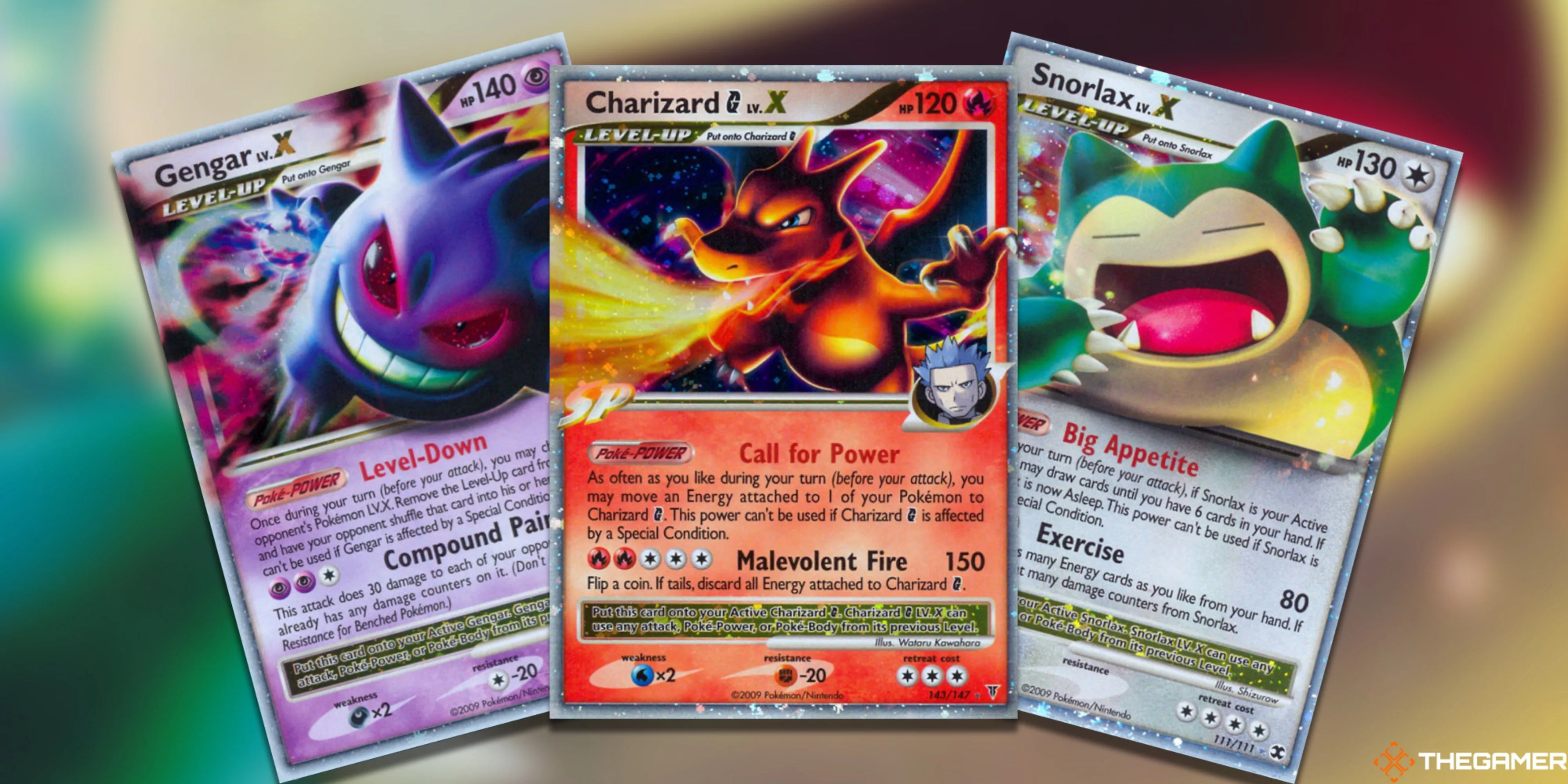 Ba thẻ Pokemon TCG LV.X hiếm giá trị cao gồm Gengar, Charizard G và Snorlax