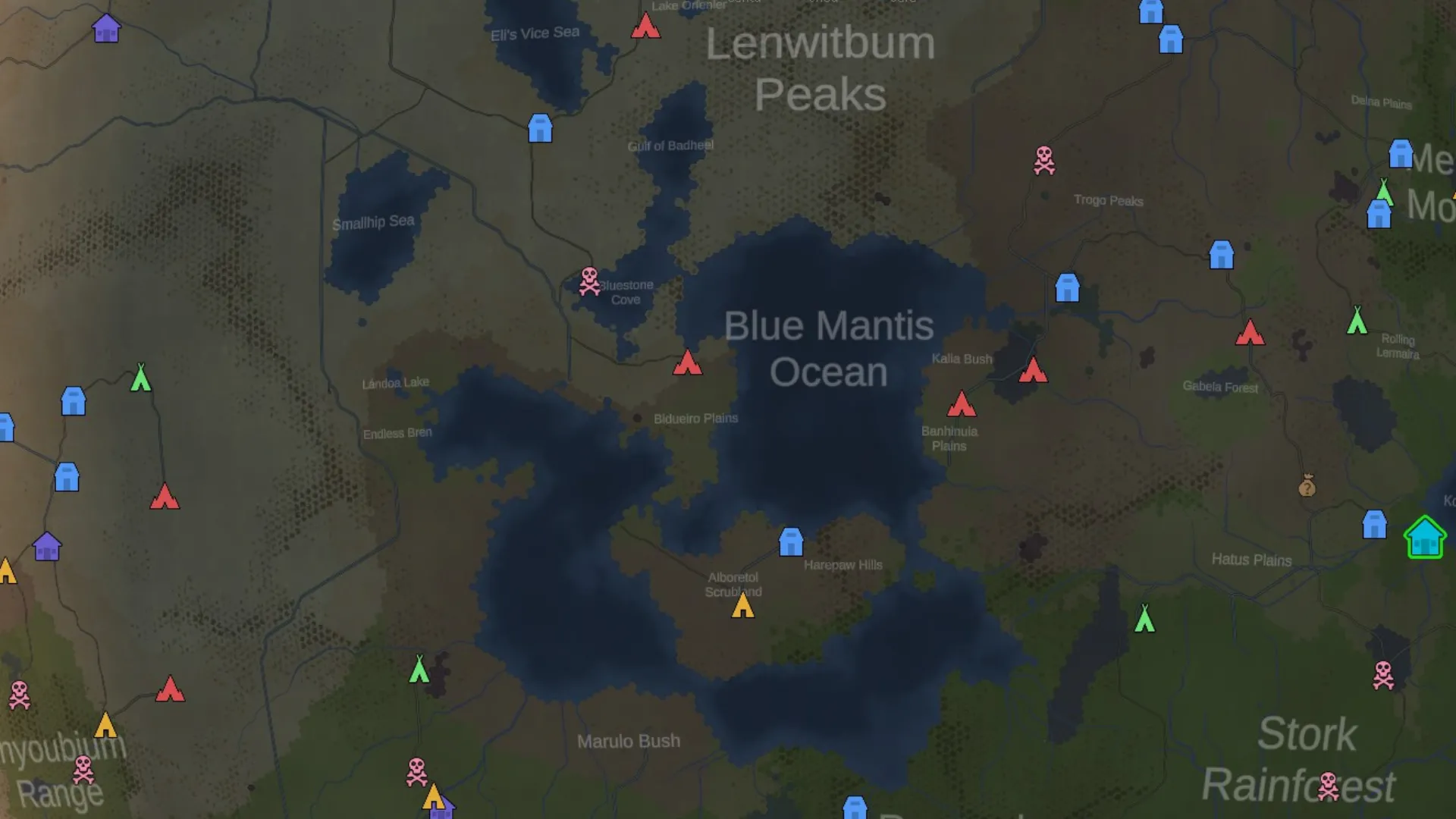 Bản đồ thế giới RimWorld Odyssey hiển thị các khu vực nước và tiềm năng câu cá