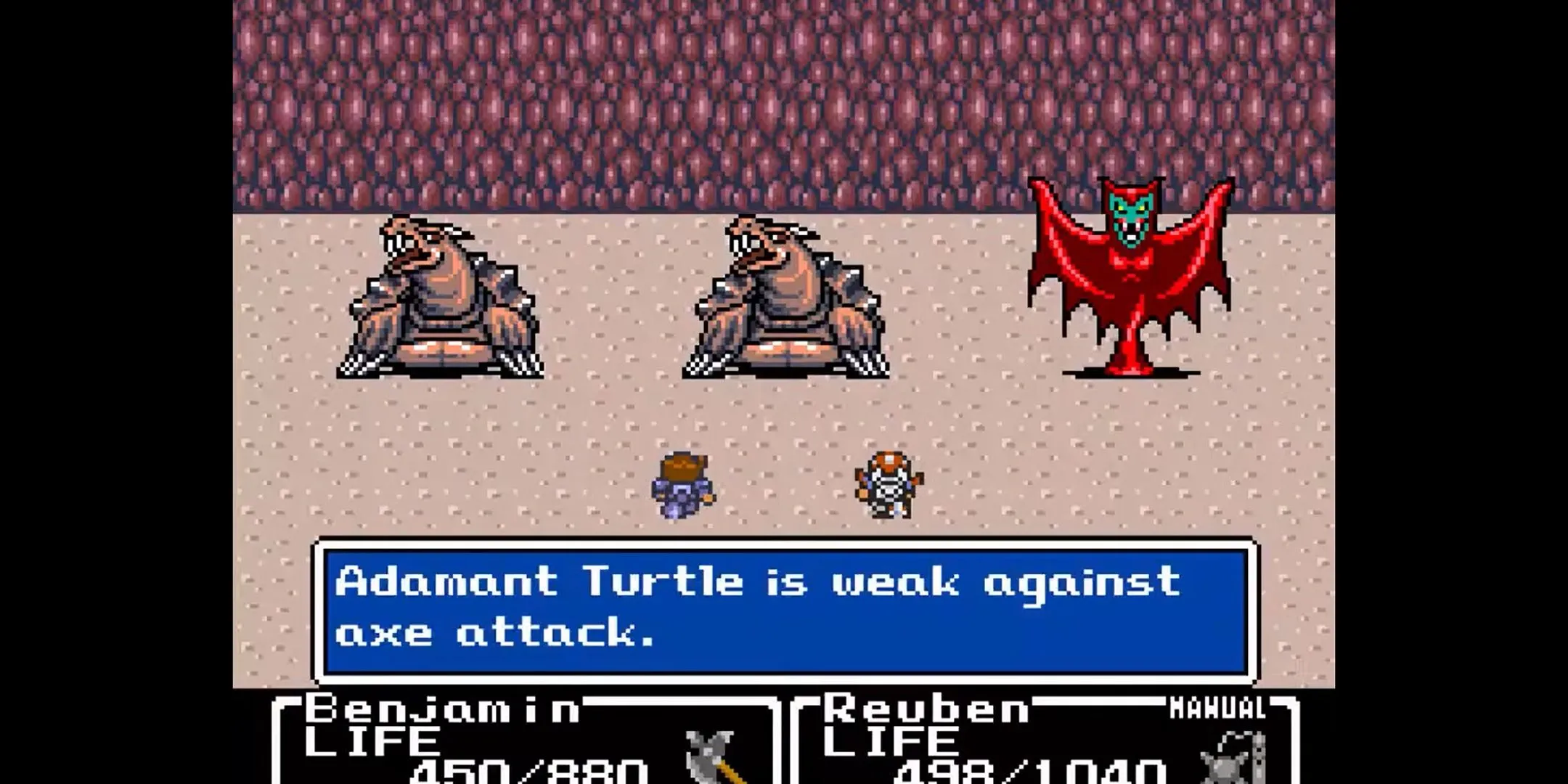 Benjamin và Reuban chiến đấu với quái vật trong Final Fantasy Mystic Quest, tựa game JRPG từng có tên gọi và số thứ tự khác nhau