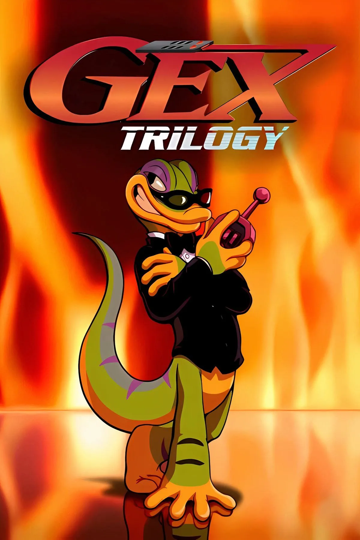 Bìa của bộ sưu tập Gex Trilogy, thể hiện hình ảnh thằn lằn Gex với các yếu tố biểu tượng của series.