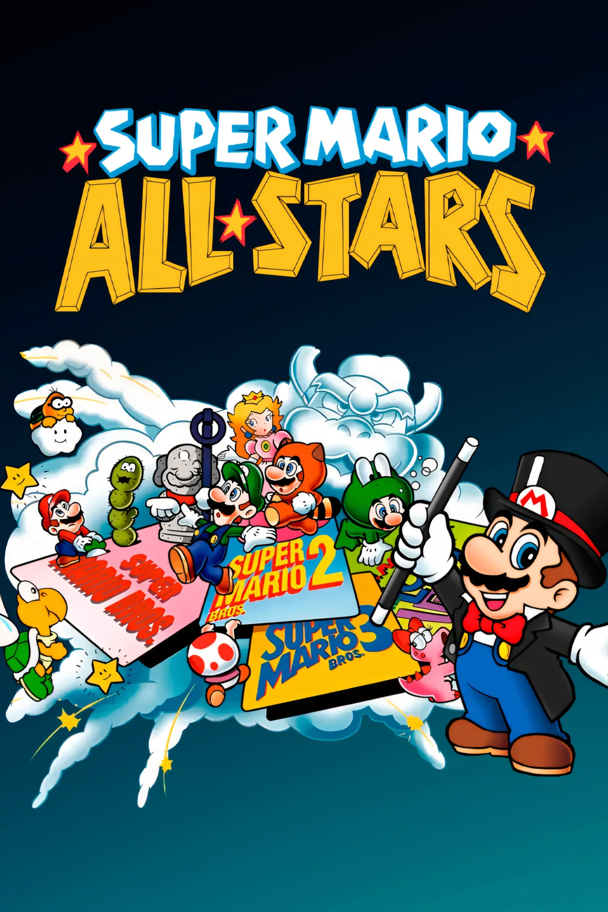 Bìa đĩa game Super Mario All-Stars với các nhân vật Mario, Luigi, Toad và Peach
