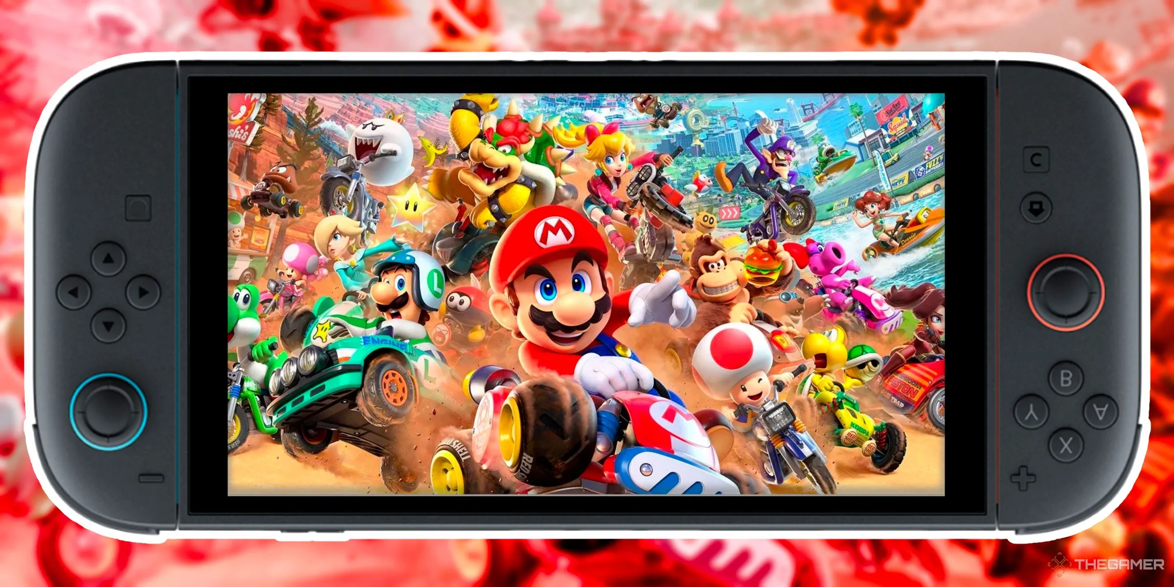 Bìa game Mario Kart World trong một chiếc Nintendo Switch 2 lộn ngược, minh họa cho mẹo chơi &quot;Mirror Mode thật&quot;.