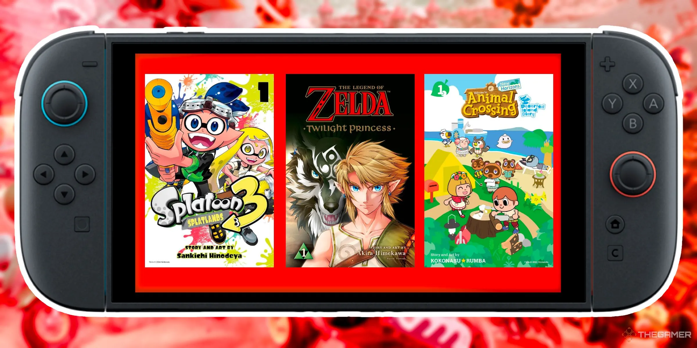 Bìa manga của các game Nintendo như Splatoon 3, The Legend of Zelda Twilight Princess, Animal Crossing New Horizons, đại diện cho việc đọc sách truyện.