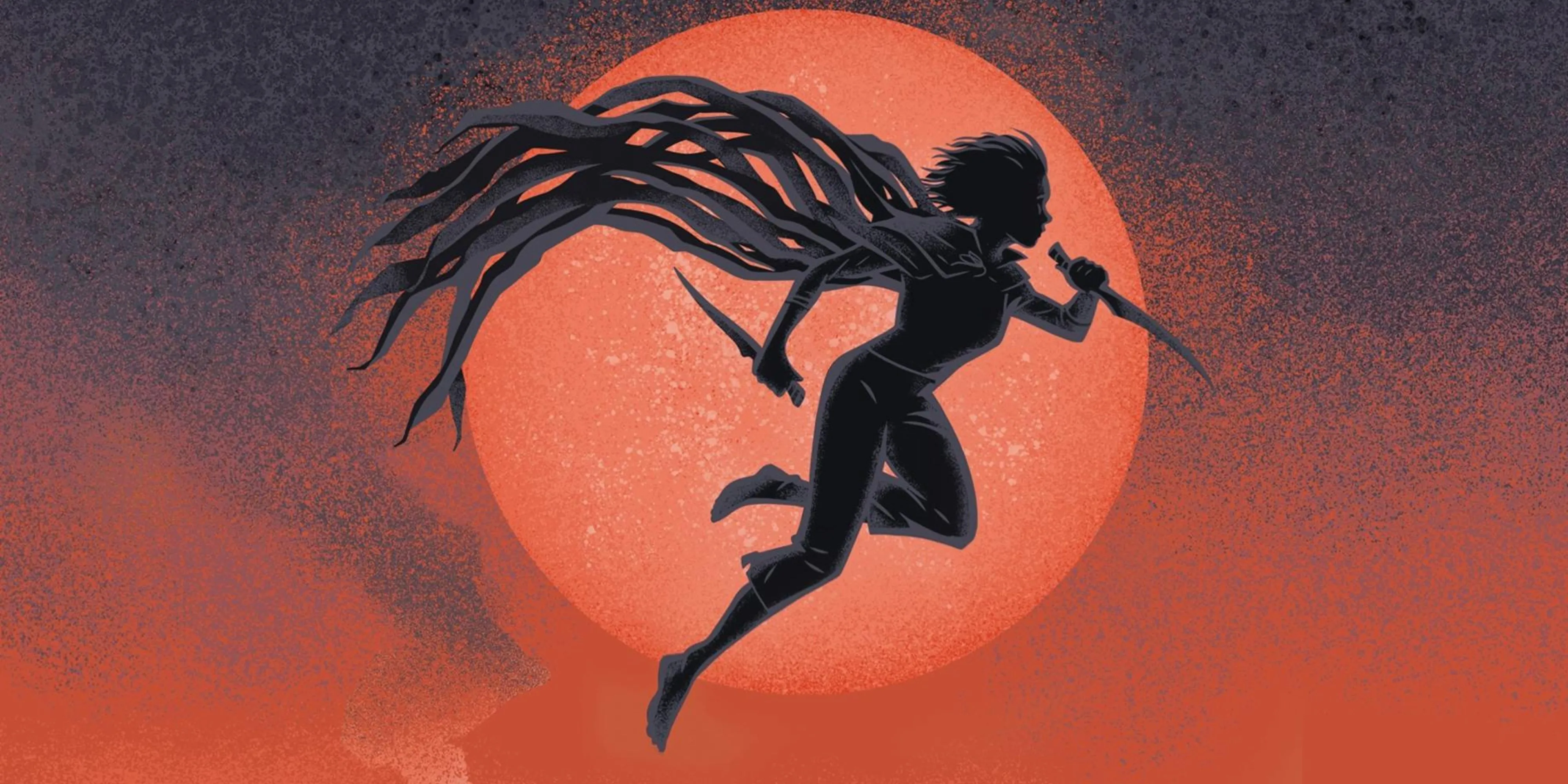 Bìa sách Mistborn với hình ảnh nhân vật Vin bay lượn trước mặt trời đỏ, biểu tượng cho hệ thống ma thuật Allomancy