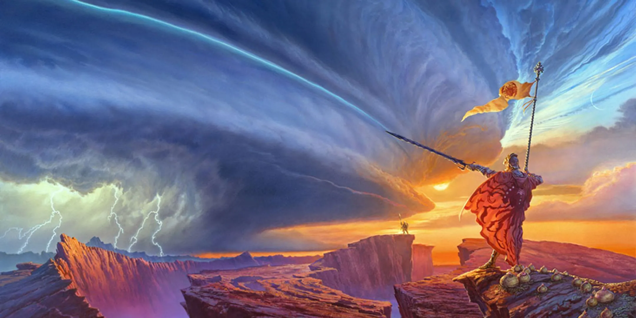 Bìa sách The Way of Kings, tập đầu tiên của The Stormlight Archive, mô tả thế giới Roshar khắc nghiệt với những cơn bão lớn