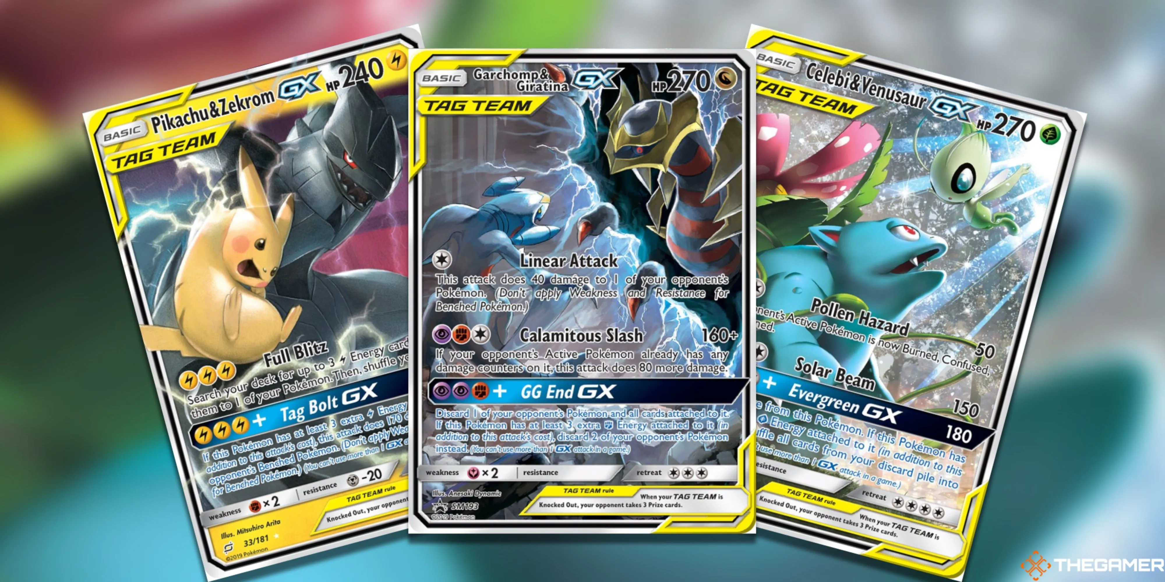 Bộ ba thẻ bài Tag Team Pokemon TCG giá trị gồm Pikachu & Zekrom, Garchomp & Giratina, và Celebi & Venusaur, biểu tượng của sự hợp tác trong thế giới Pokemon.