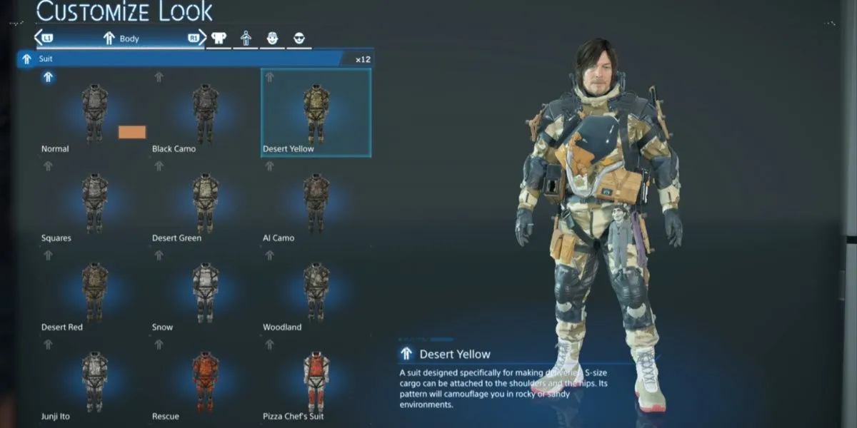 Bộ Suit Vàng Sa Mạc trong Death Stranding 2: On the Beach, thiết kế phù hợp với các vùng đất khô cằn, sa mạc và hẻm núi đầy nắng.