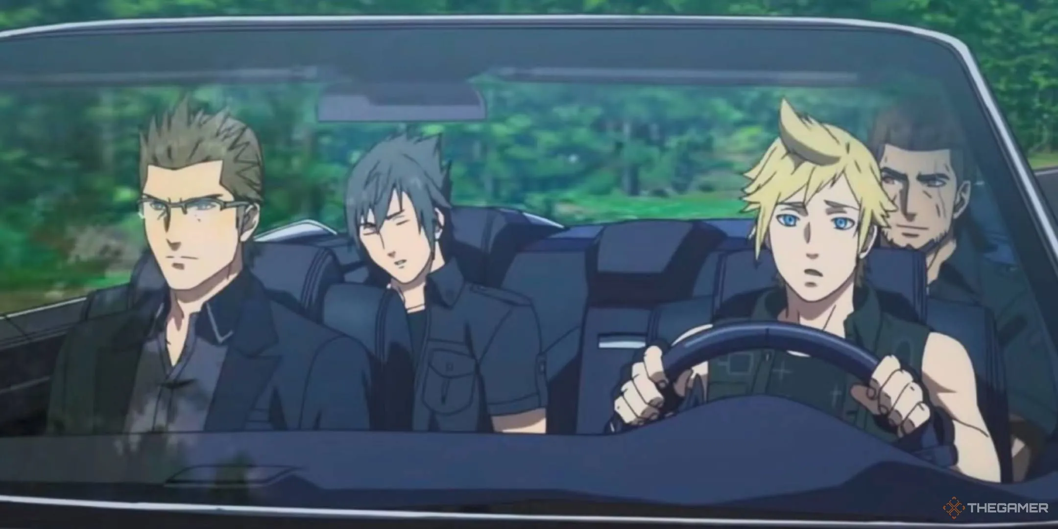 Bộ tứ Noctis, Ignis, Gladio và Prompto lái xe Regalia xuyên rừng trong Final Fantasy XV Brotherhood.