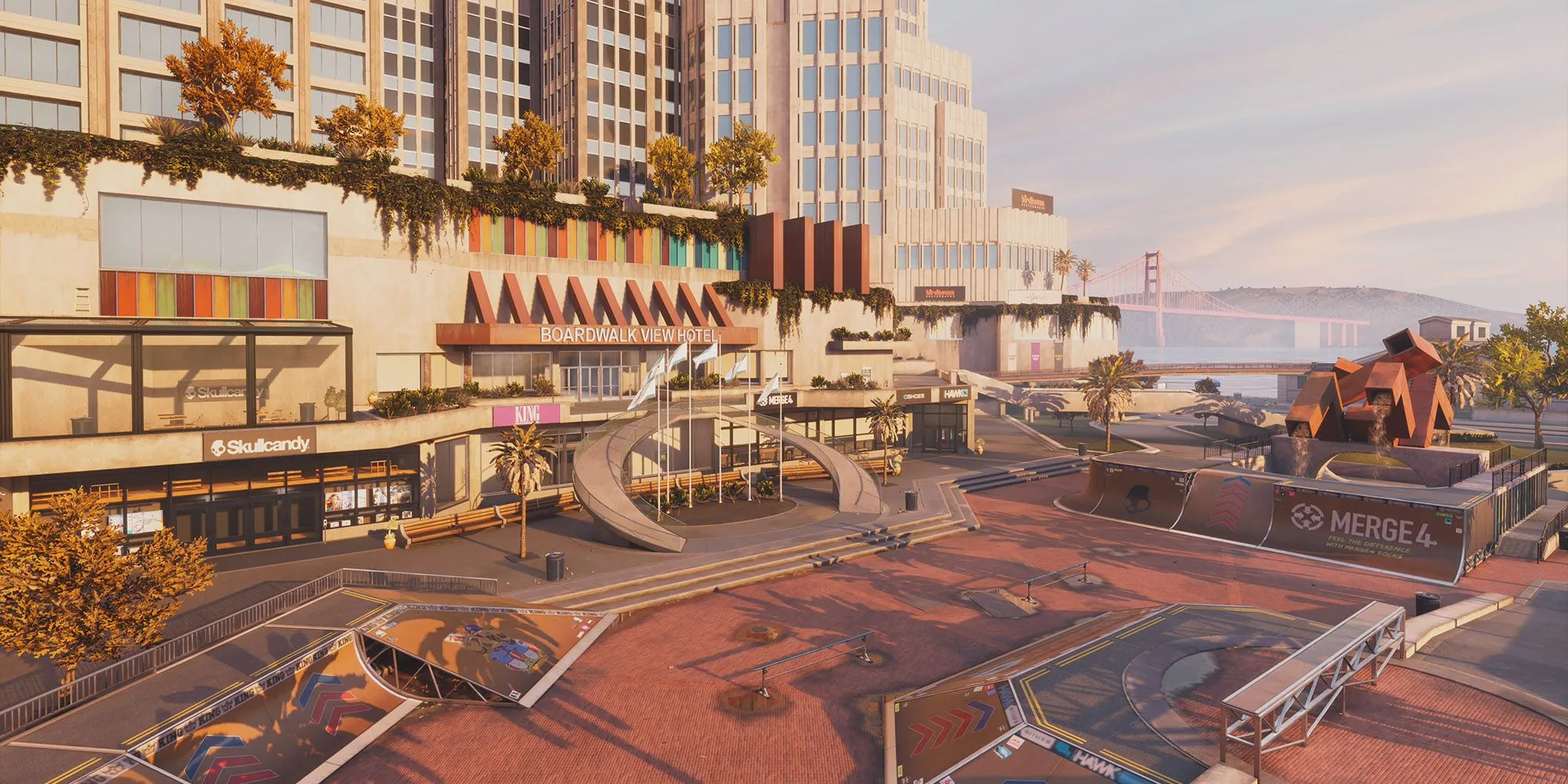 Bối cảnh màn chơi Tony Hawk's Pro Skater 3 + 4: San Francisco với hình ảnh một skater đang thực hiện trick trên đường phố.