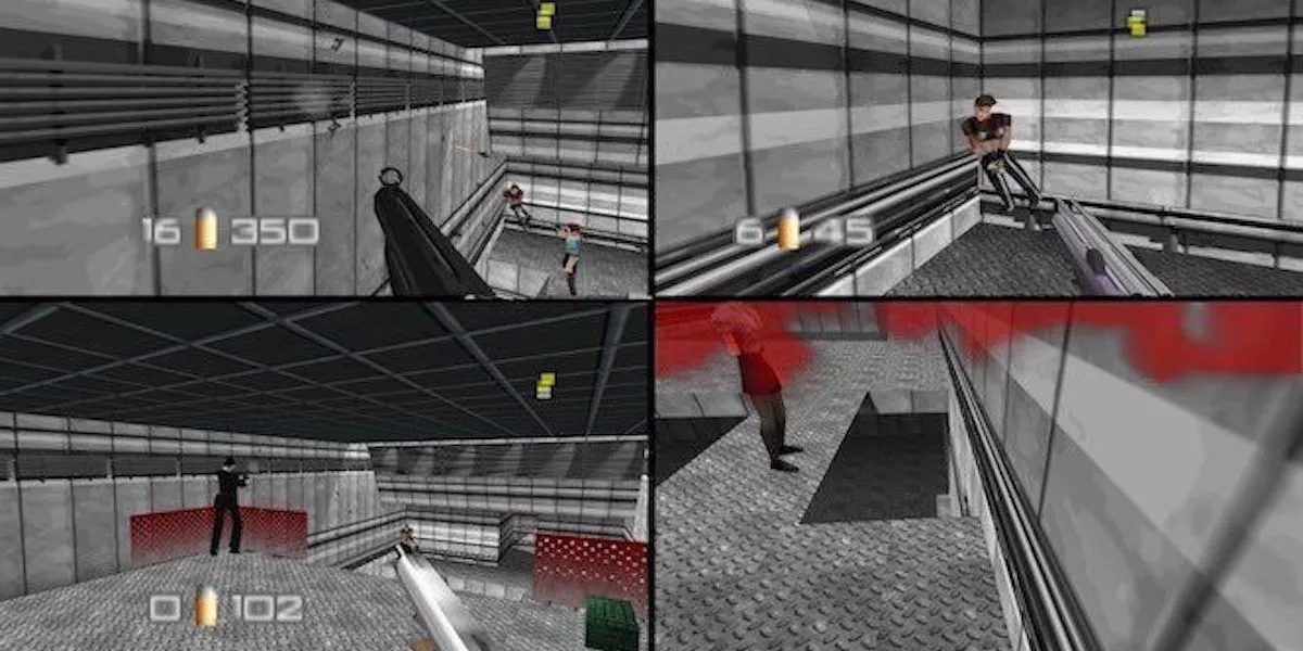 Bốn người chơi đang tham gia trận đấu multiplayer trên màn hình chia bốn trong Goldeneye 007, minh họa lỗi nhìn trộm màn hình